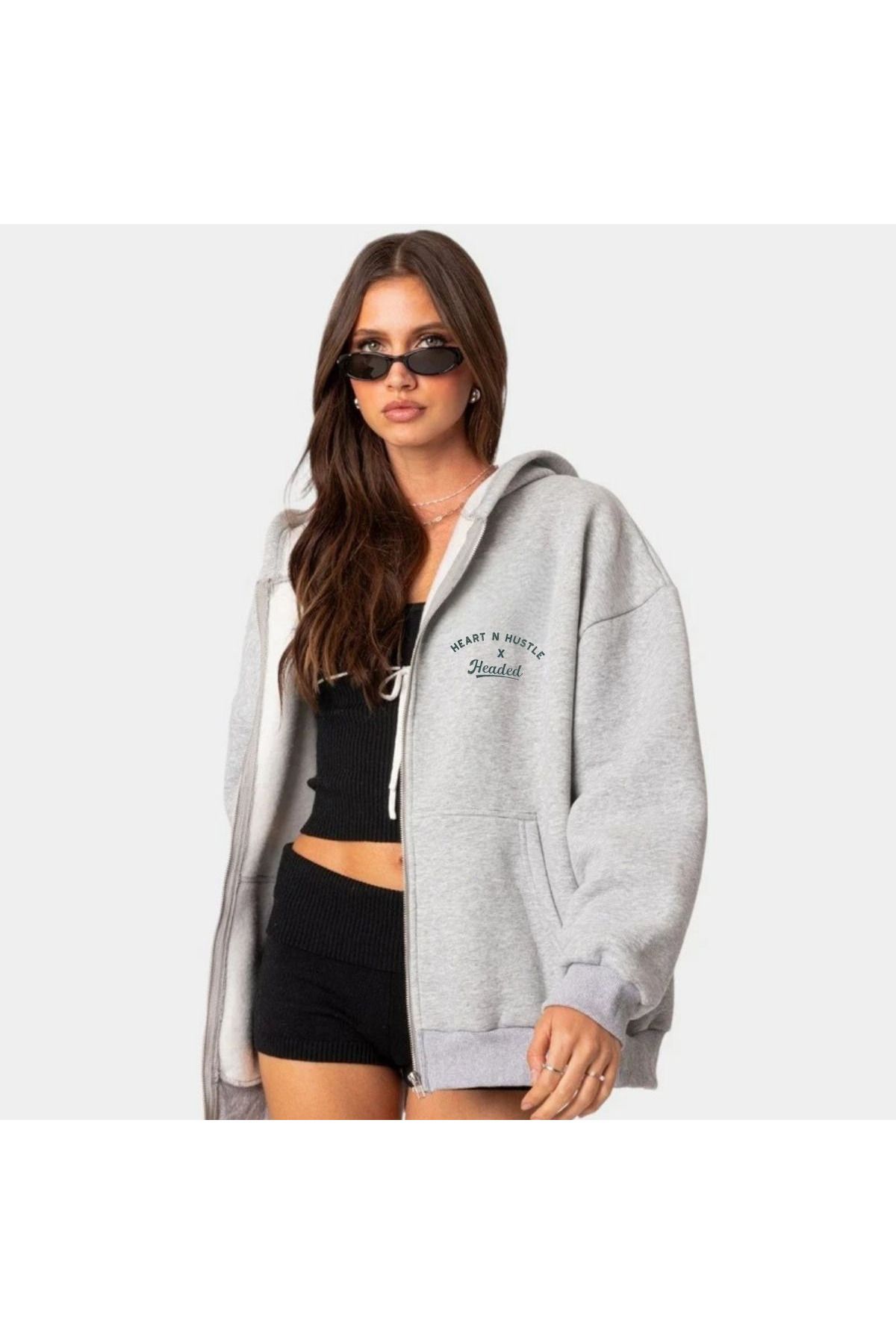 Hultabs %100 Pamuk, Şardonlu, Melanj Gri, Penye Kalite HEADED Baskılı Oversize Fermuarlı Hoodie