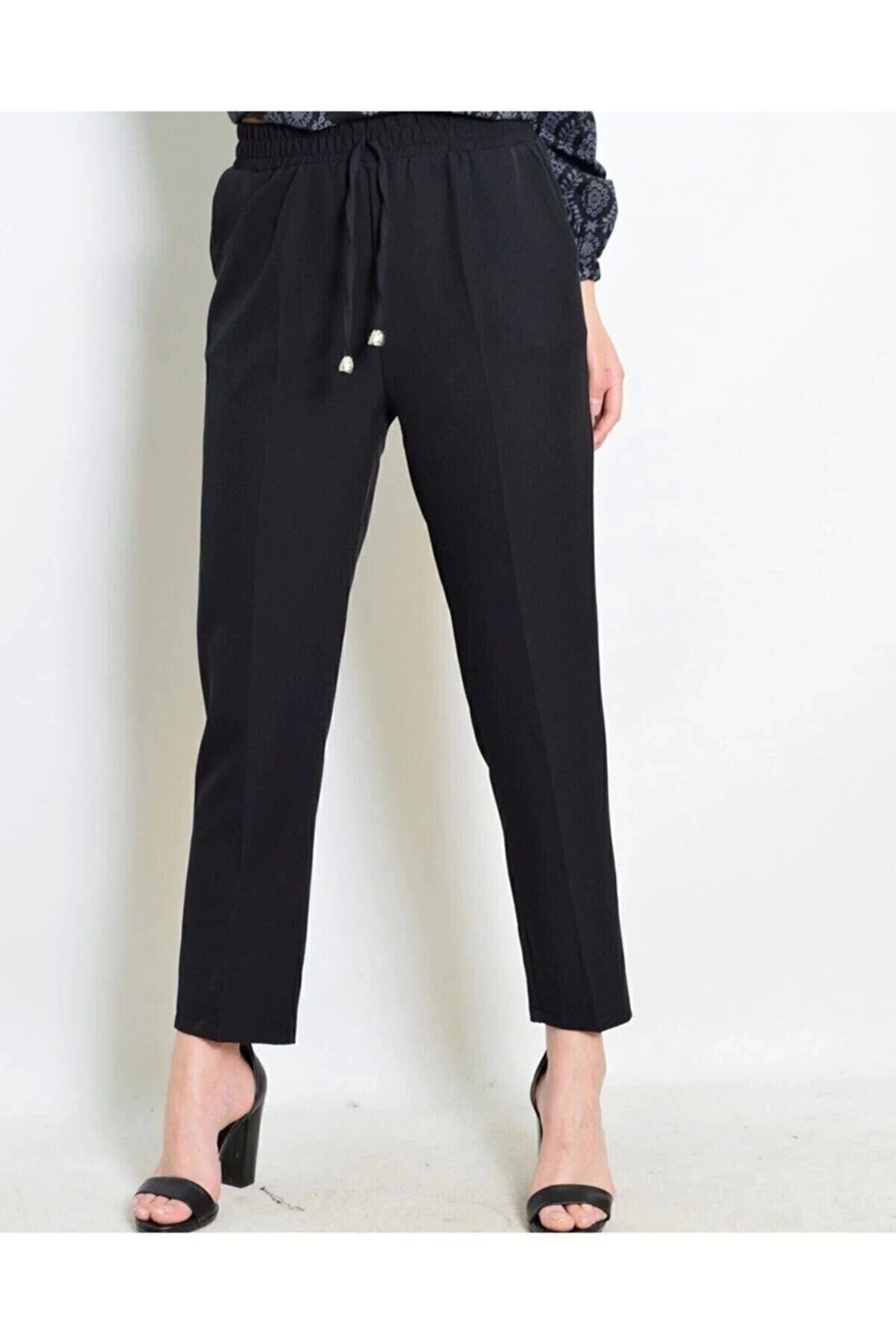 PALAZZO-Women's Black Carrot Cut Elastic Waist Trousers 3