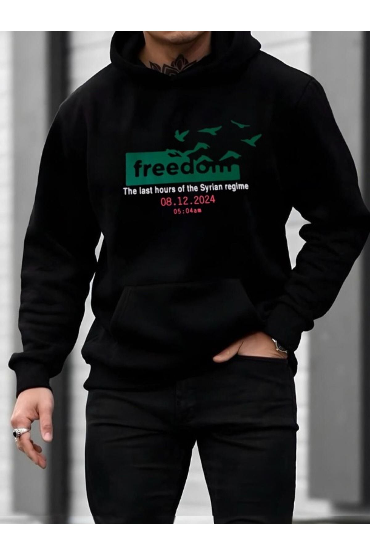 EFFRENATU Kapüşonlu Hoodie Kışlık Sweatshirt Suriye Bayrağı Freedom Baskılı Oversize