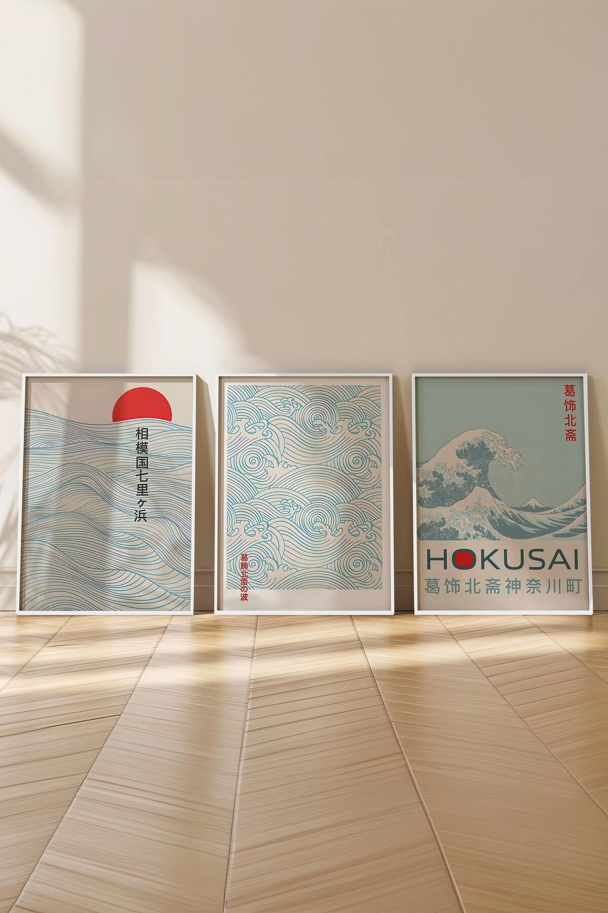 Postifull-Σετ ζωγραφικής με λευκό πλαίσιο, μπλε Hokusai Wall Painting, 3 τεμ. Σετ αφίσας, No:300741 3