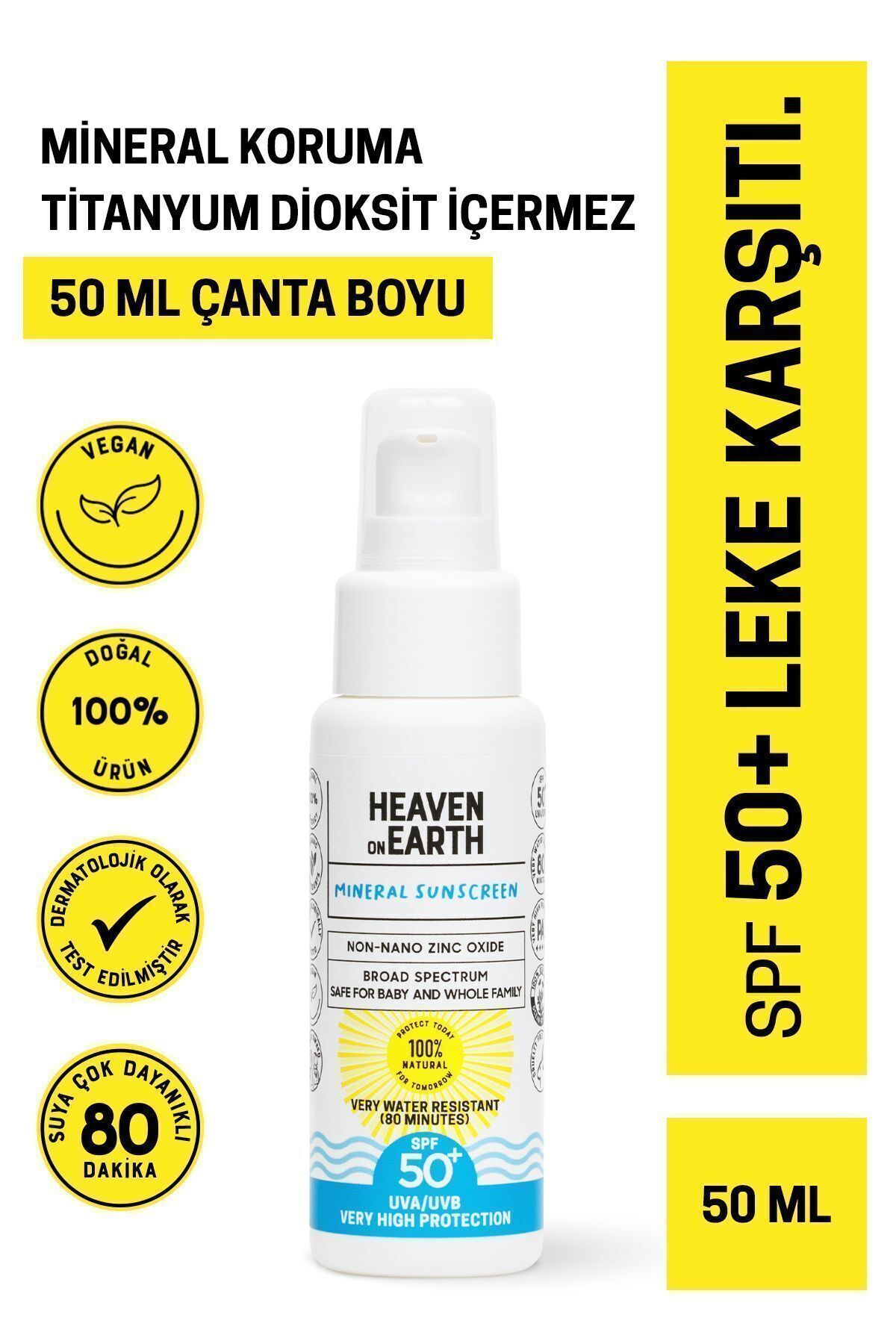 Heaven on Earth Mineral Güneş Kremi %100 Doğal Ve Organik Içerikli Korumalı Suya Dayanıklı Vegan 50 Spf 50 ml