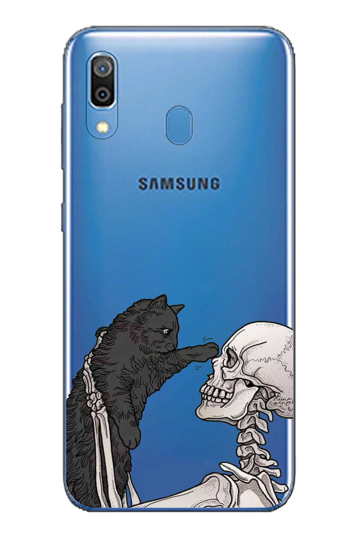 TechTree SAMSUNG Galaxy A20 / A30 Uyumlu İskelet ve Kara Kedi Tasarımlı Şeffaf Silikon Kılıf