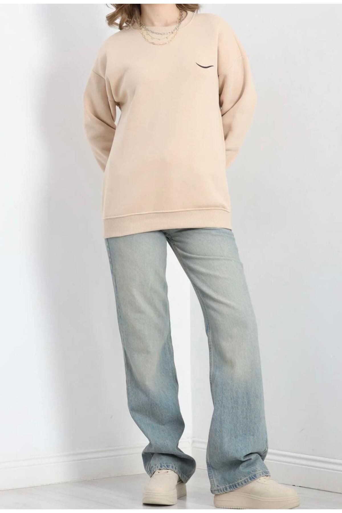 RAYMES Kadın Bej  3 İplik İçi Polarlı Basic Sweatshirt