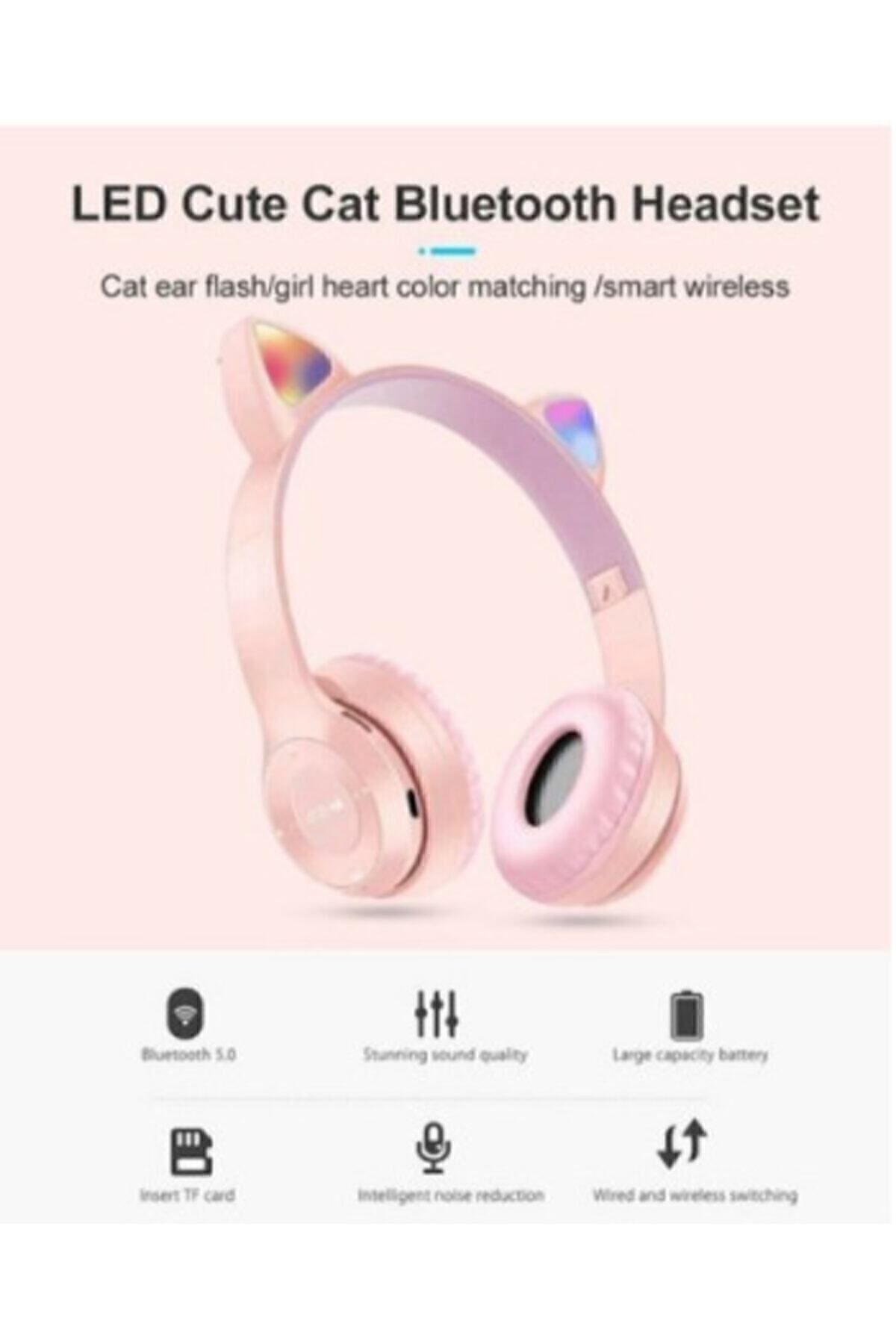 Genel Markalar Kablosuz Bluetooth Kulaküstü Kedili P47m Kulaklık Rgb Işıklı Kedi Desenli Kulaklık
