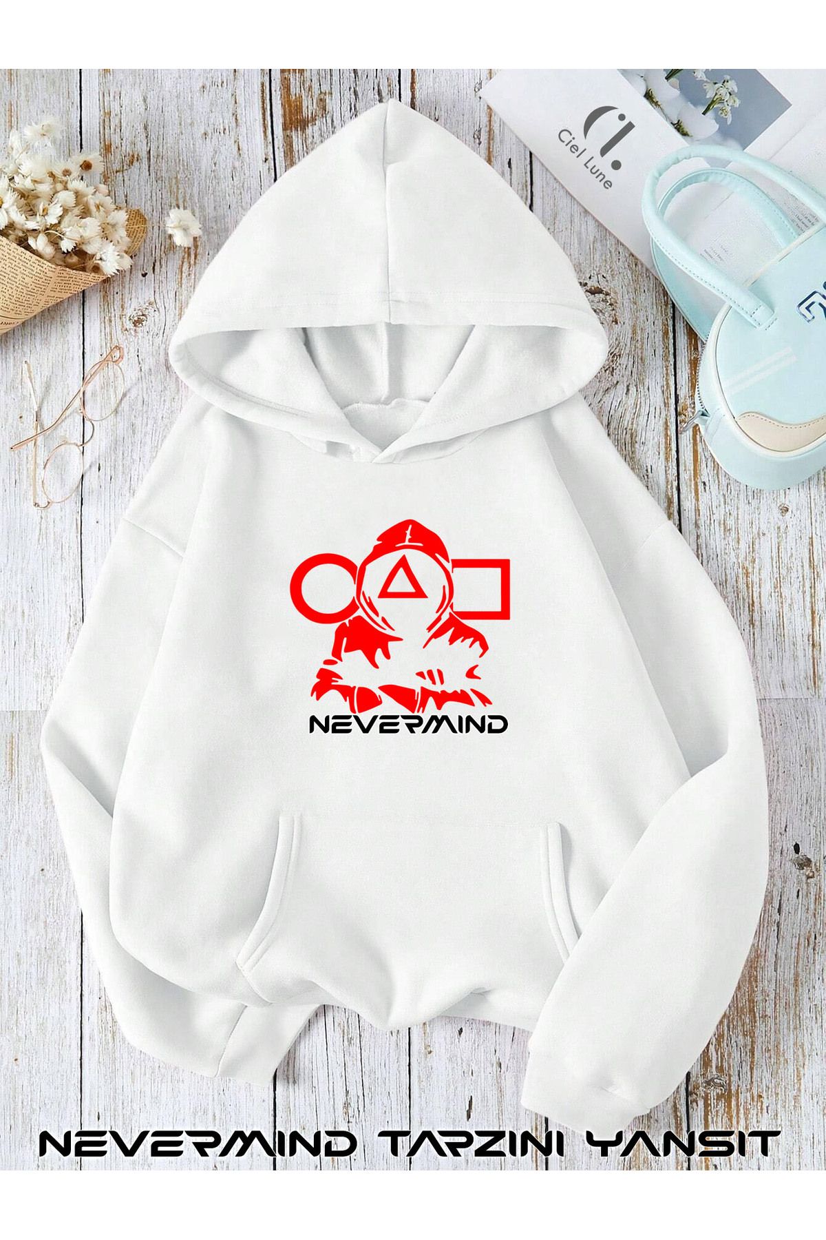 NEVERMIND Unisex Squid Baskılı Oversize Baskılı Kapşonlu Sweatshirt 3 Iplik