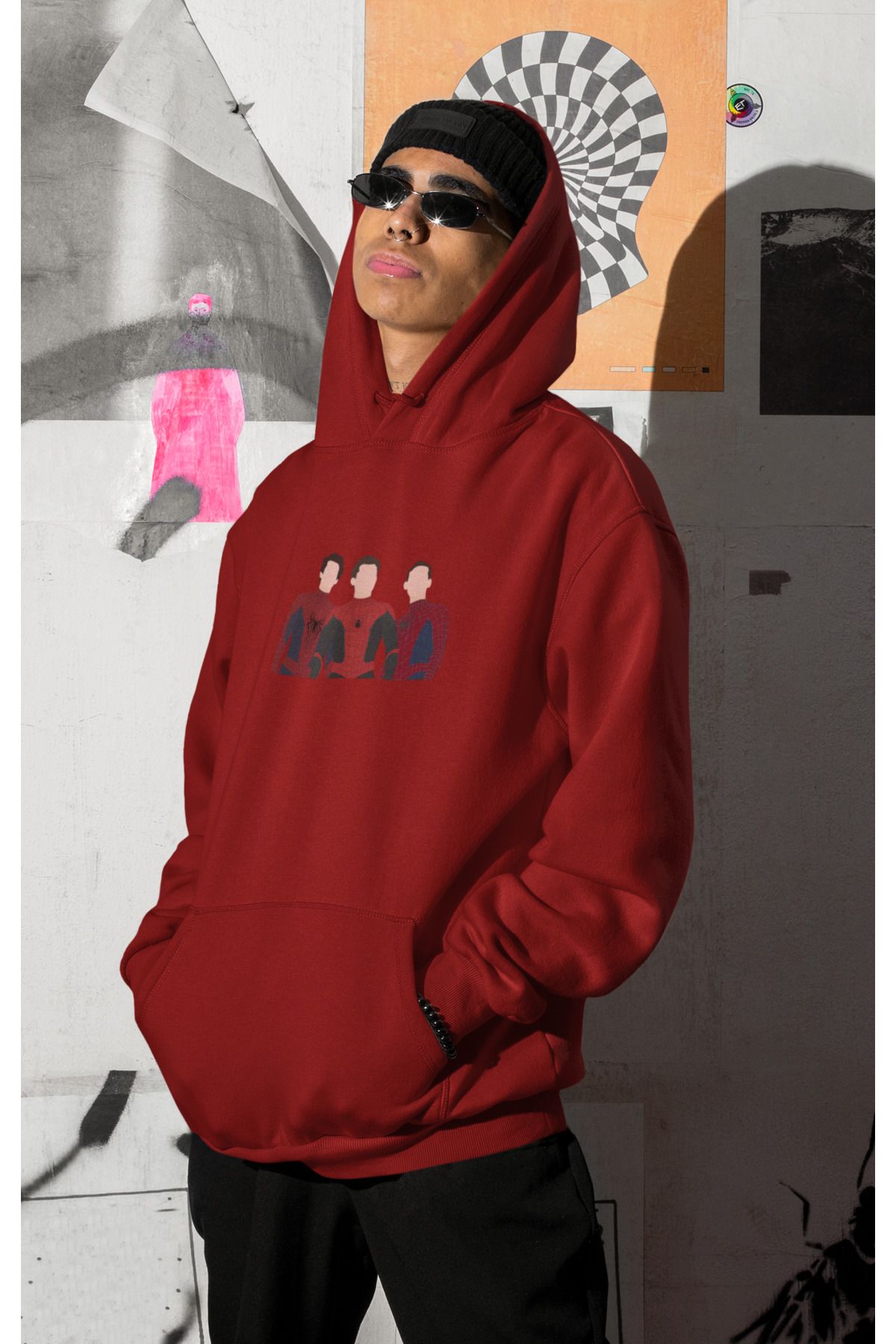 Alice Butik Örümcek Adam Üçlü Ekip Marvel Küçük Göğüs Baskılı Oversize Unisex Bordo Sweatshirt Hoodie