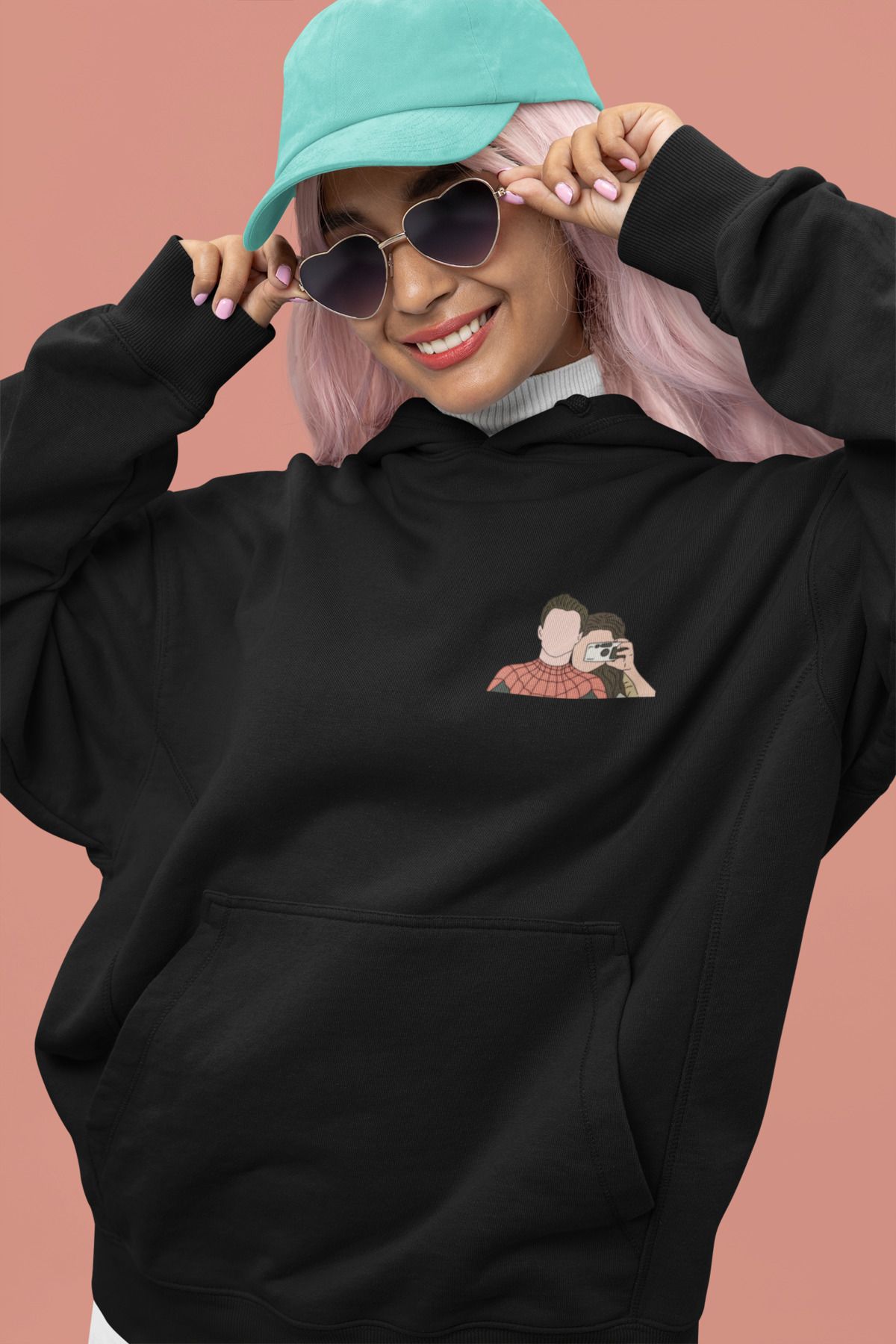 Alice Butik Örümcek Adam ve Sevgilisi Marvel Küçük Göğüs Baskılı Oversize Unisex Siyah Sweatshirt Hoodie