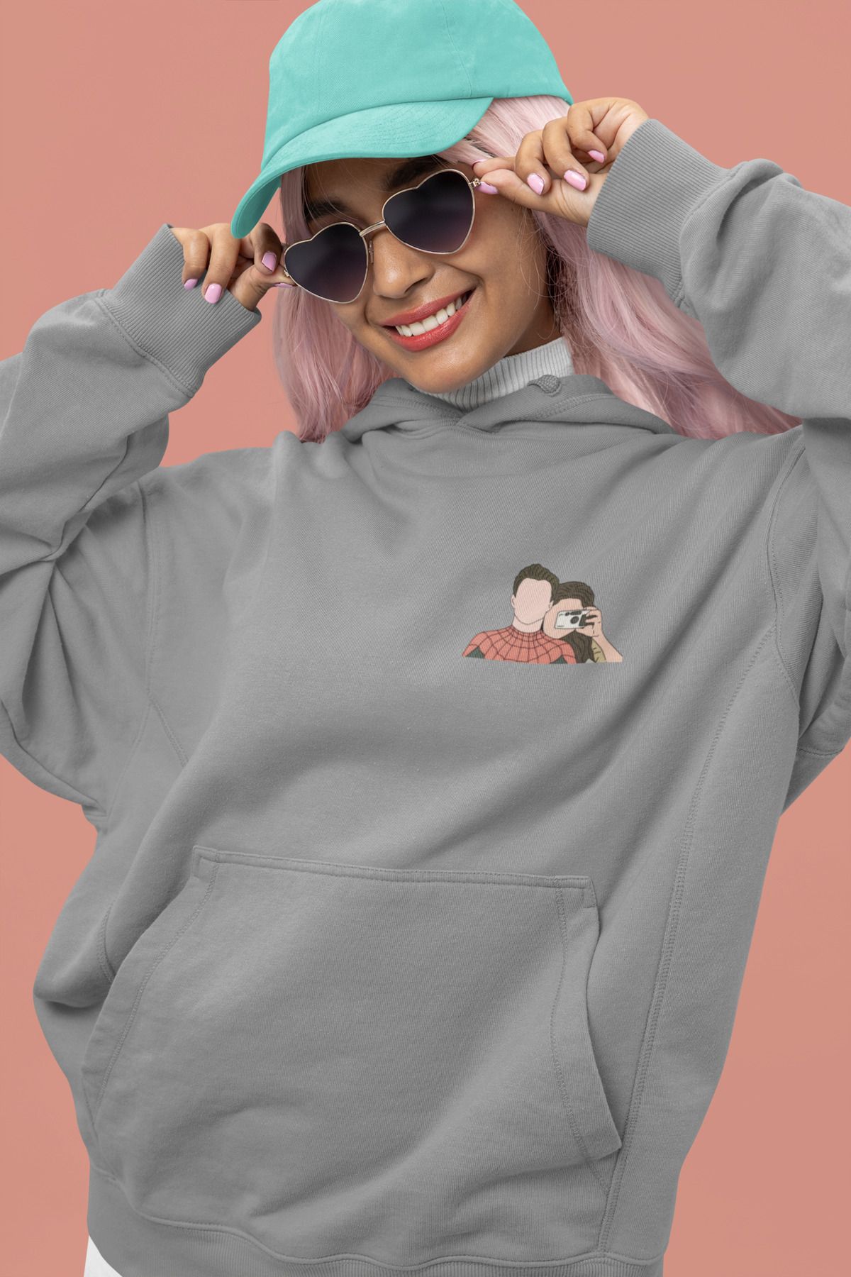 Alice Butik Örümcek Adam ve Sevgilisi Marvel Küçük Göğüs Baskılı Oversize Unisex Gri Sweatshirt Hoodie