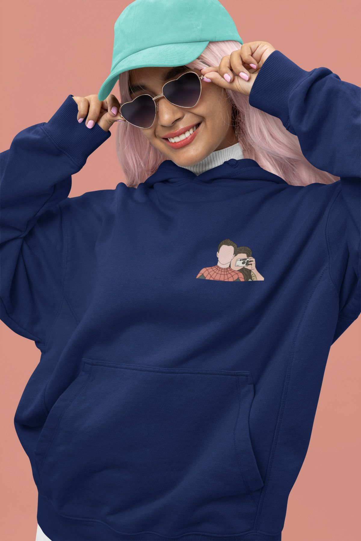 Alice Butik Örümcek Adam ve Sevgilisi Marvel Küçük Göğüs Baskılı Oversize Unisex Lacivert Sweatshirt Hoodie