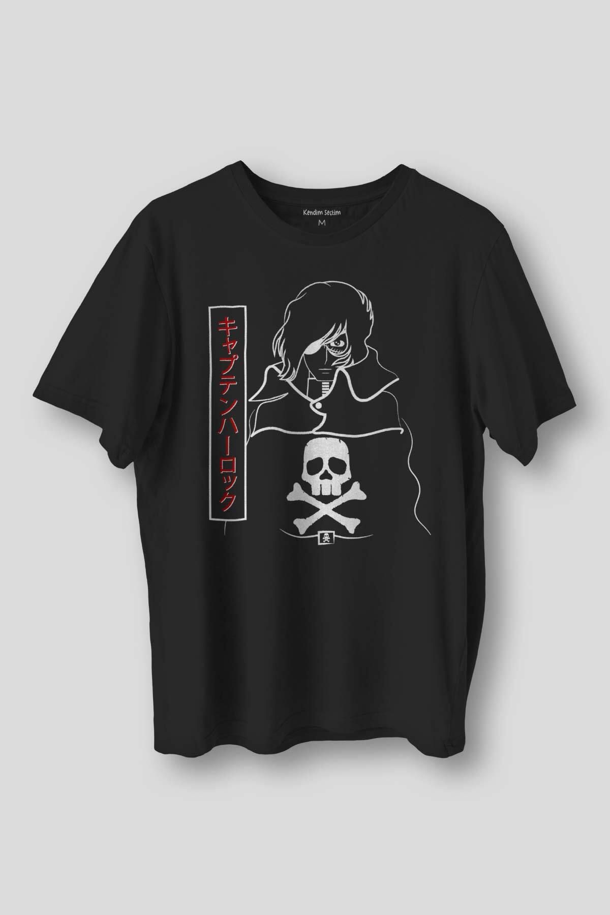 Kendim Seçtim Siyah Tişört Captain Harlock Anime Tişört  Retro Uzay Korsanı Baskılı Unisex Tshirt