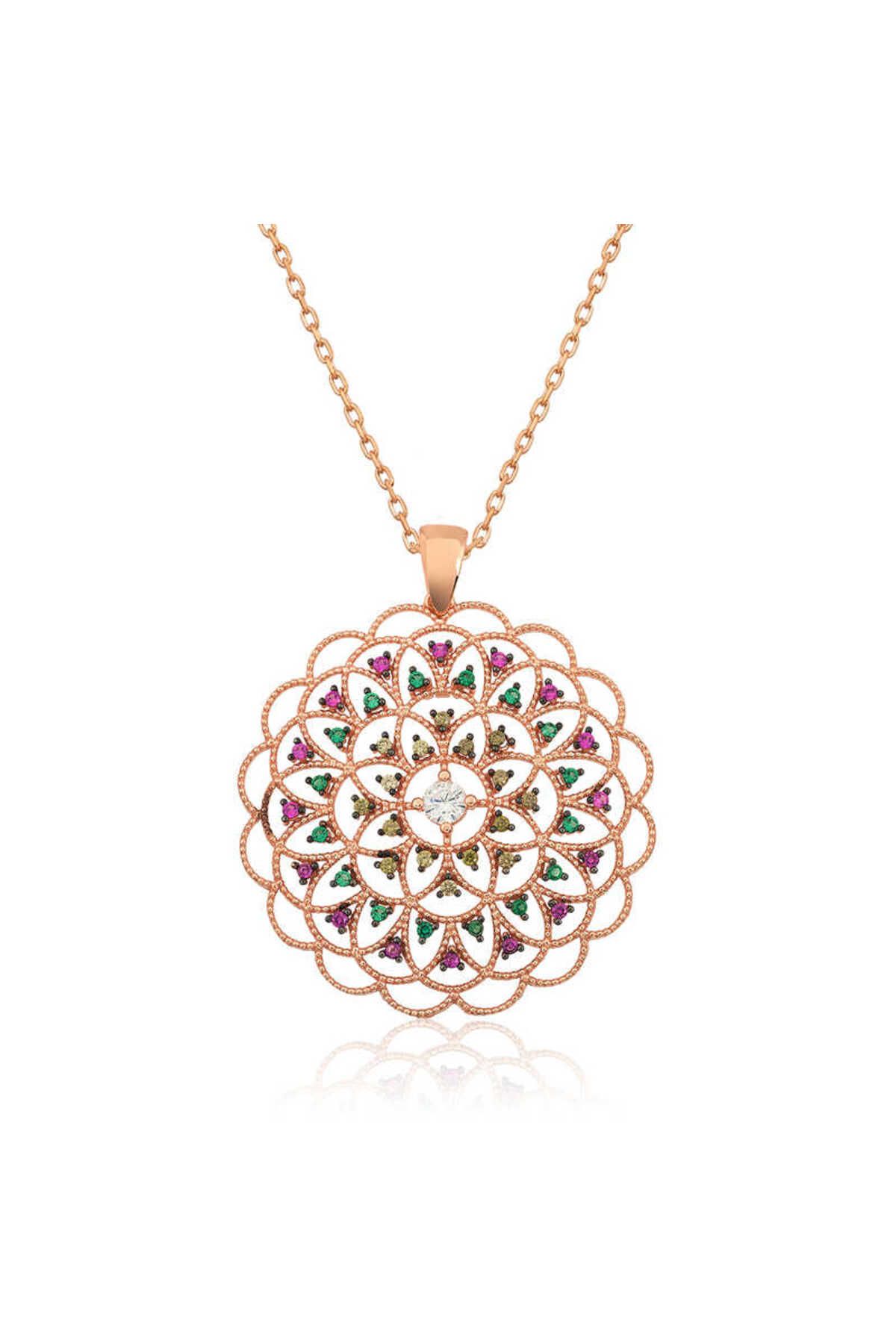 HİLALSHOP Gümüş Rose Geometrik Desenli Madalyon Kolye