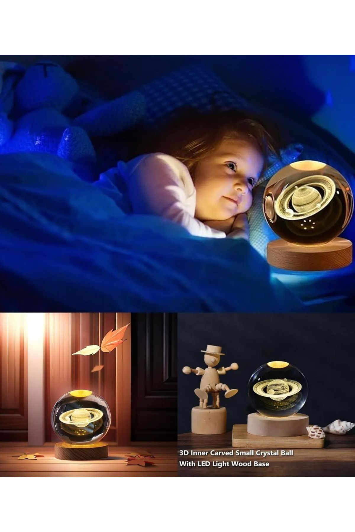 Yıldızlı Satürn 3D Işıklı Standlı Cam Küre Eviniz ve Ofisiniz İçin Sıcak Işıklı Dekoratif Aydınlatma
