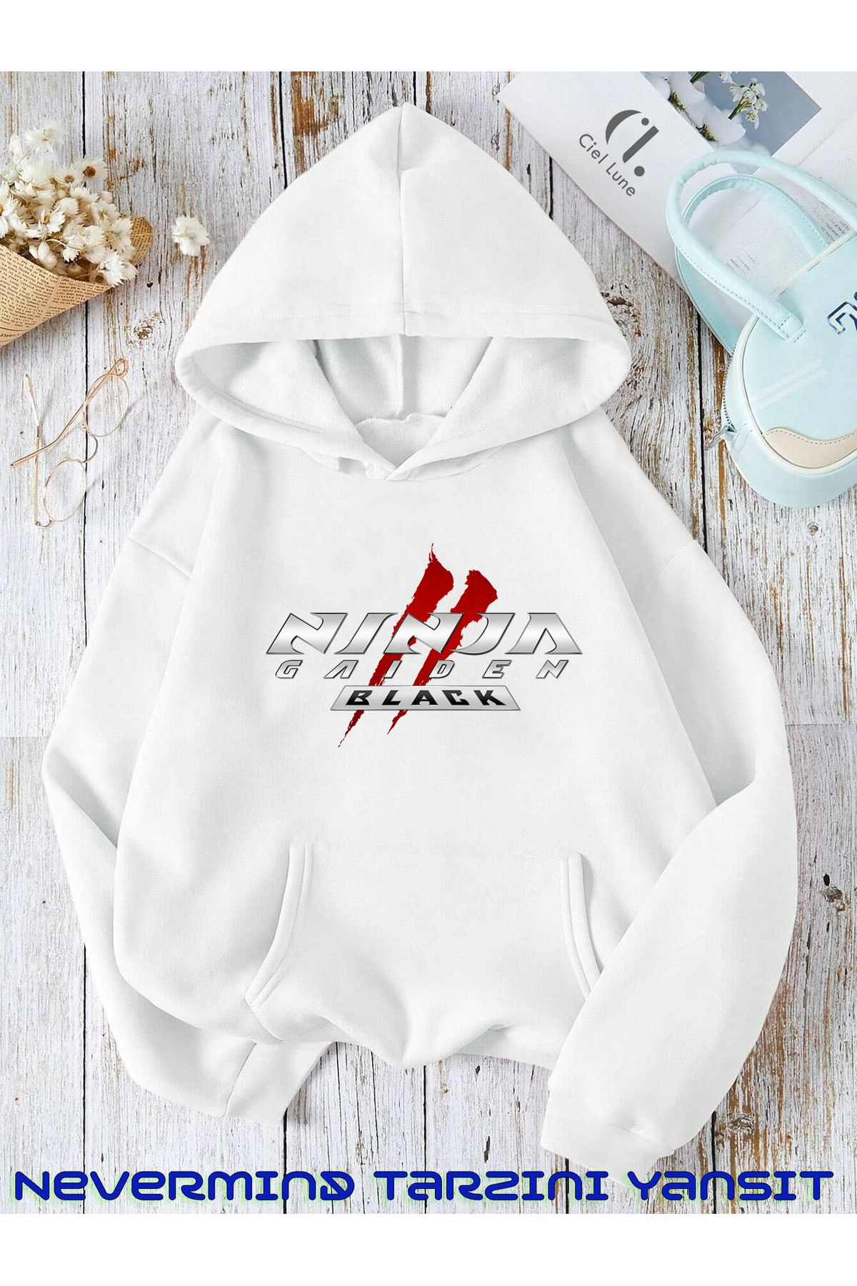 NEVERMIND Unisex Ninja Gaiden 2 Ön Arka Baskılı Oversize Baskılı Kapşonlu Sweatshirt 3 Iplik