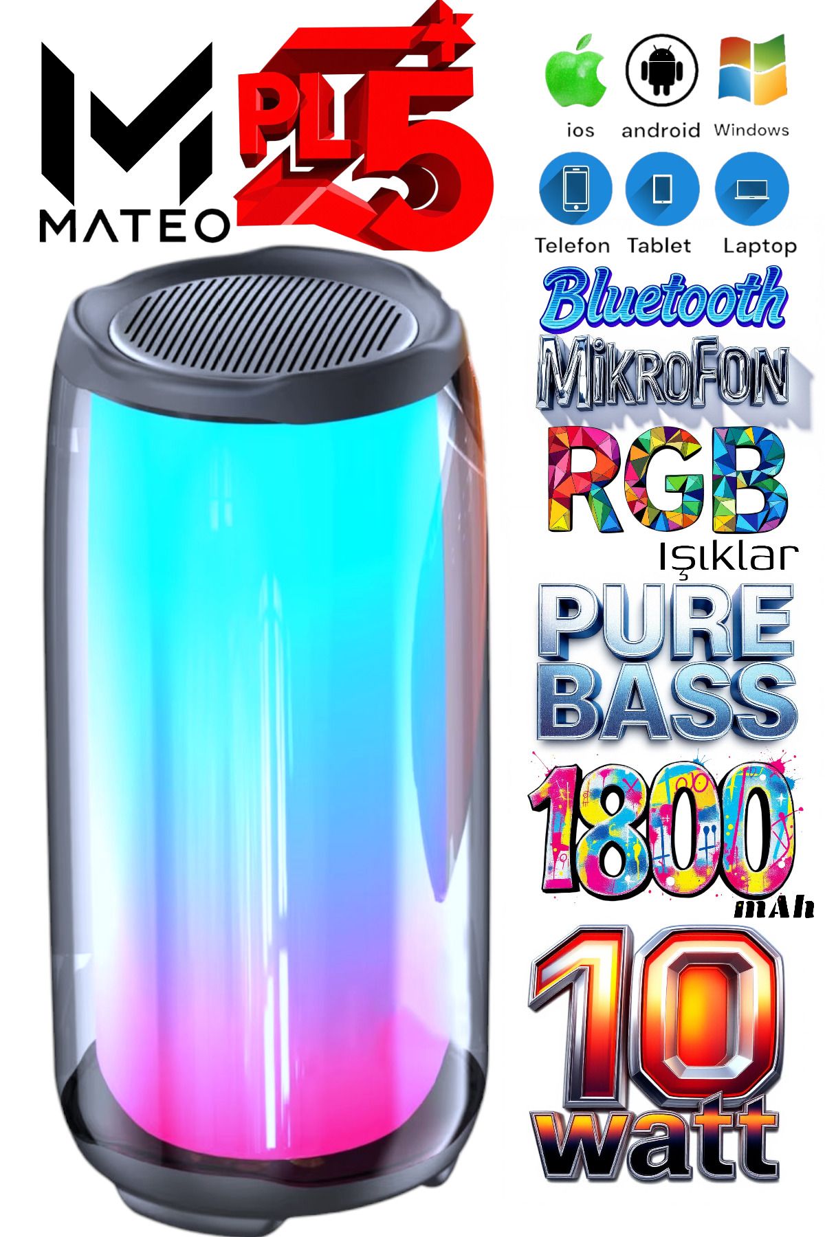 MATEO Işıklı Bluetooth Hoparlör 10W Güçlü Bass, Mikrofonlu, 1800mAh Şarjlı, Kablosuz Müzik Keyfi