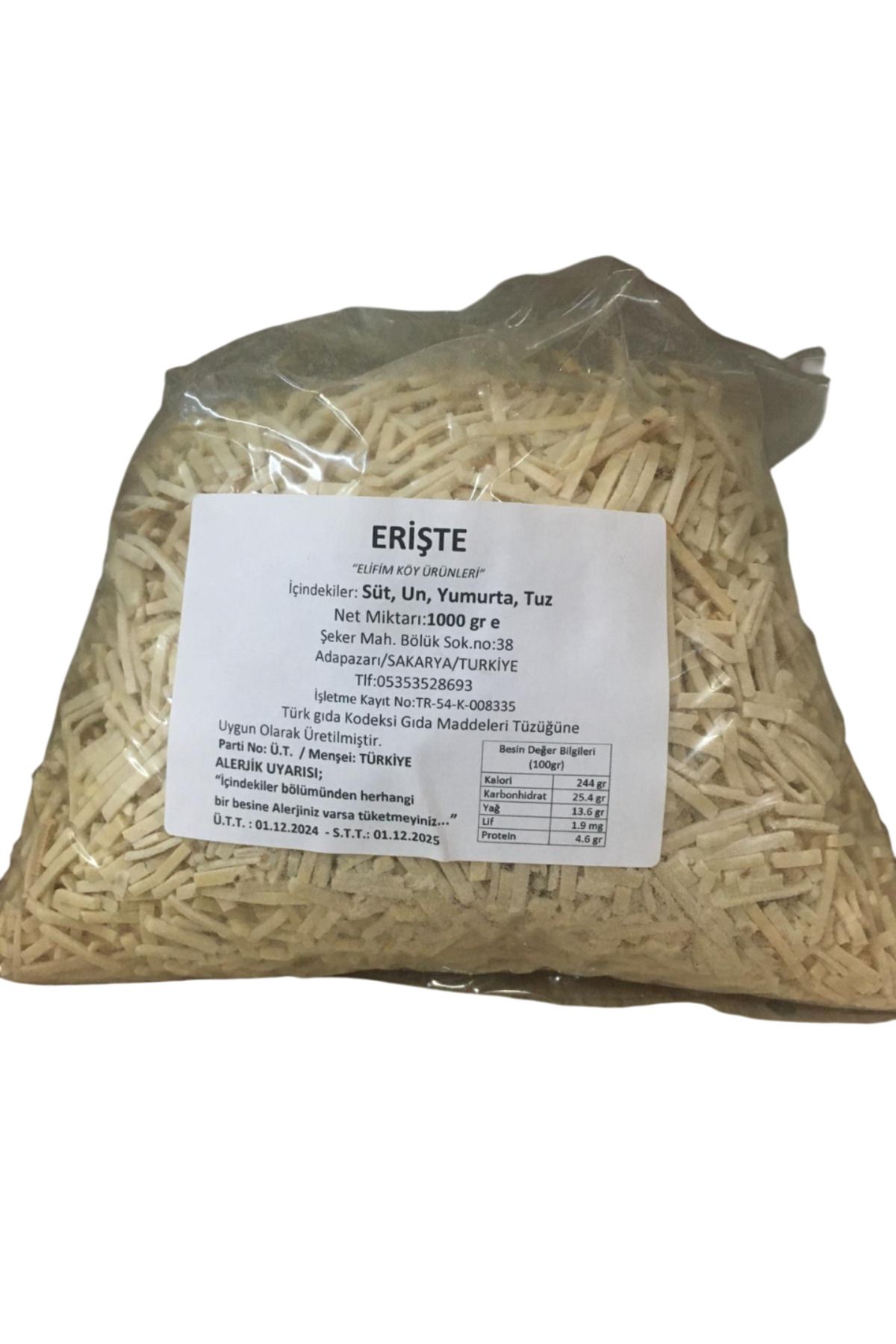 ELİFİMKÖYÜRÜNLERİ EL YAPIMI SADE ERİŞTE(GEZEN TAVUK YUMURTALI) 1 KG