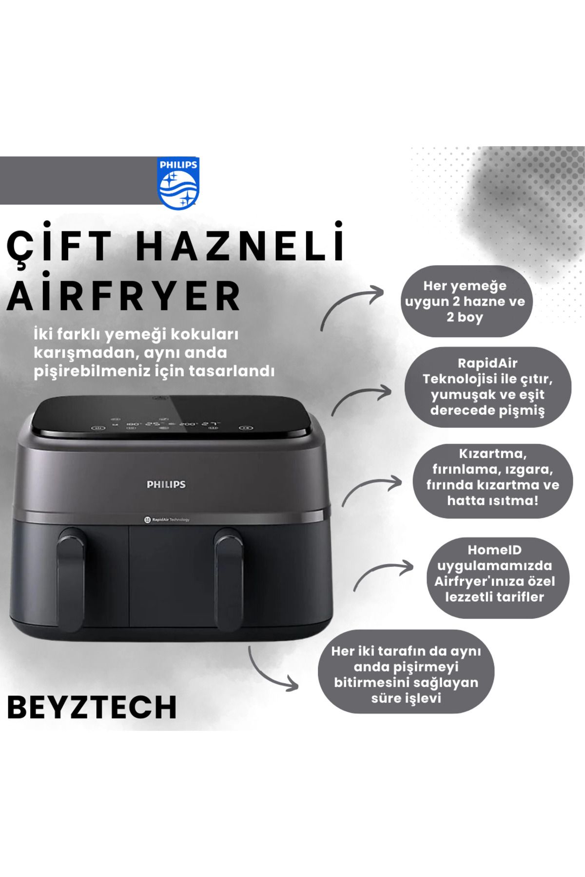 Philips Çift Hazneli RapidAir Teknolojisi HomeID Uygulama Özel Tarifler 8 Ön Ayarlı Dokunmatik Ekran