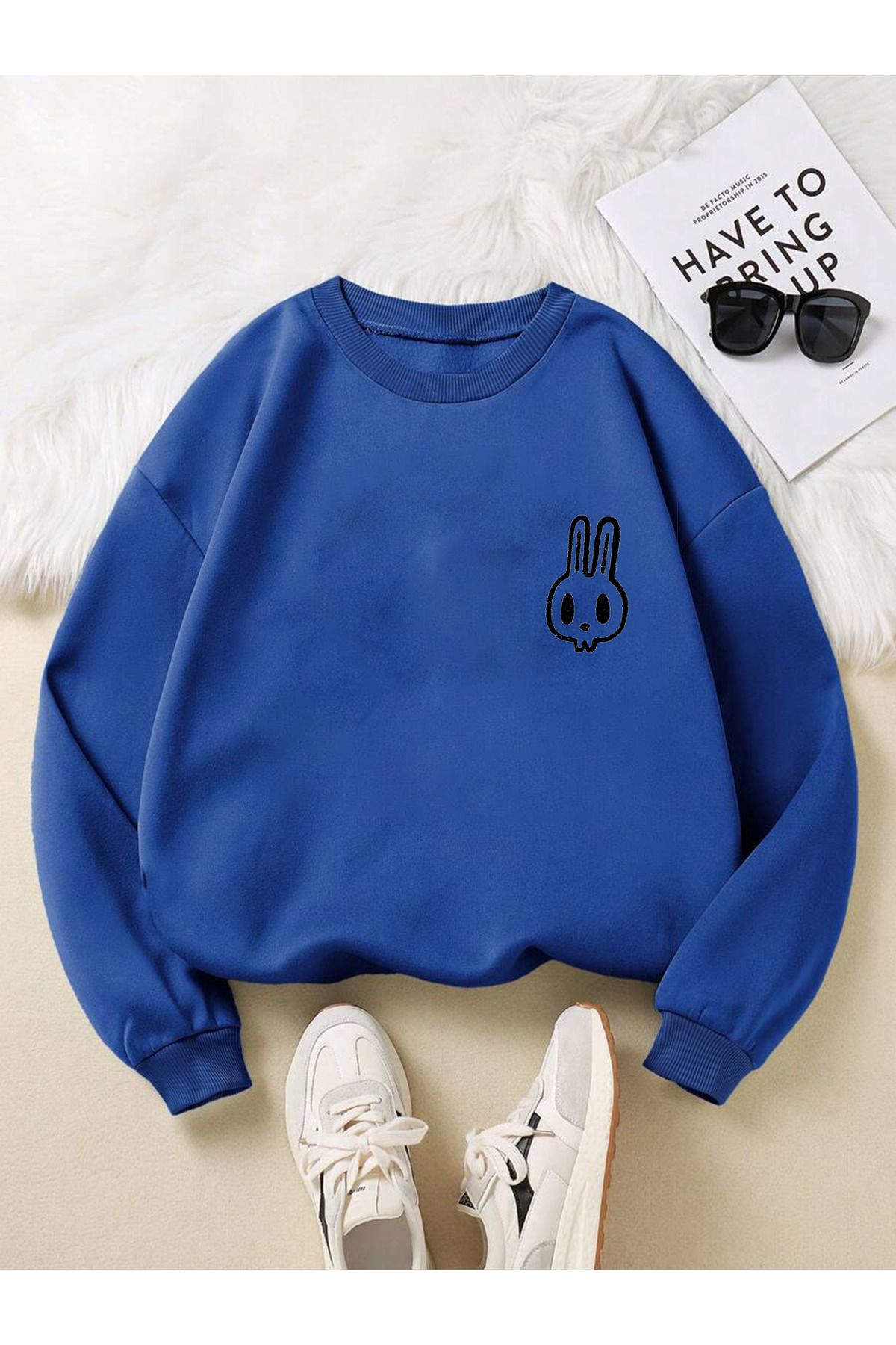 Cosmo Style tavşan baskılı oversize pamuklu bisiklet yaka içi şardonlu yumuşak örme sweatshirt 4070788541310