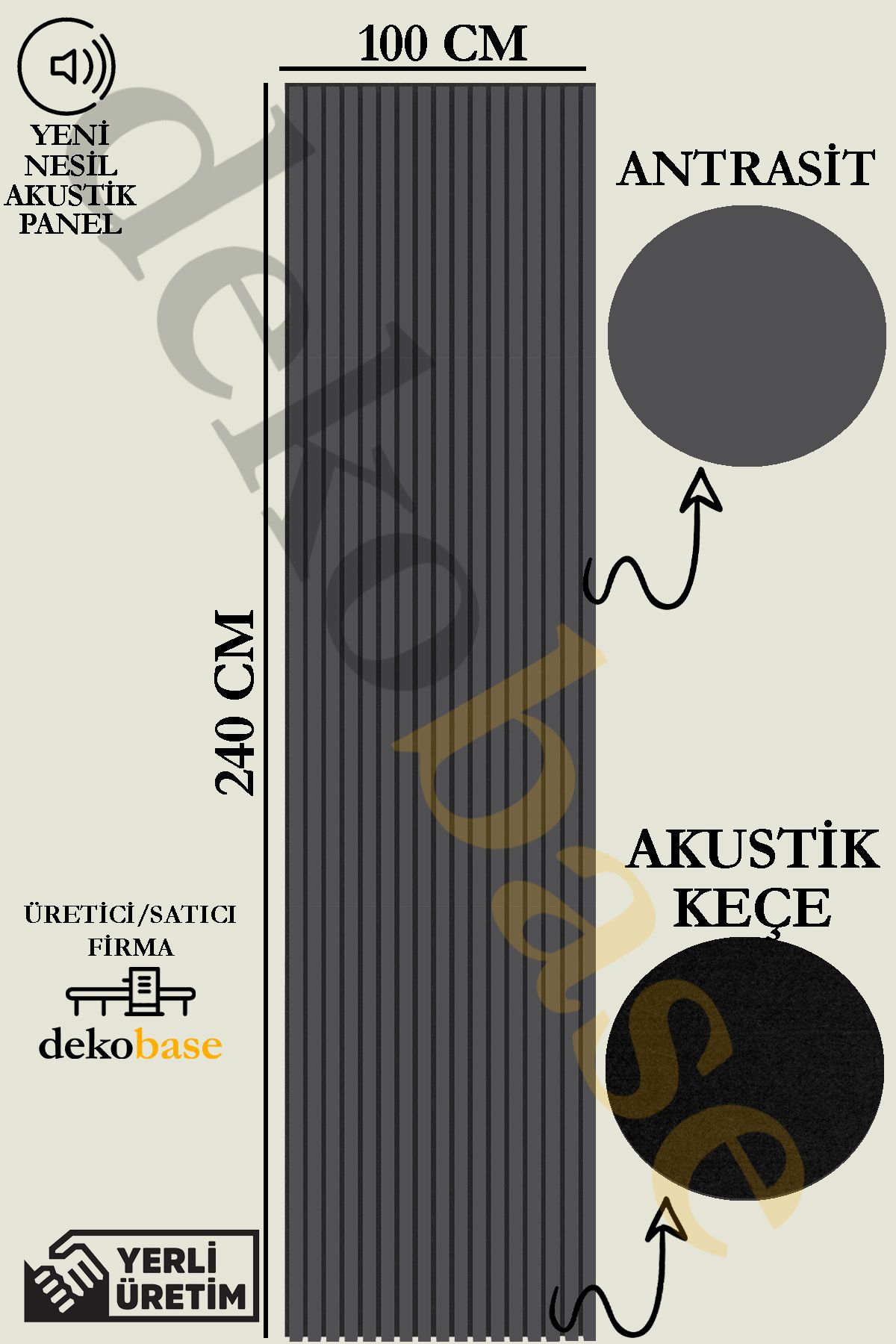 dekobase Antrasit Renk 100x240cm Yeni Nesil Akustik Duvar Paneli