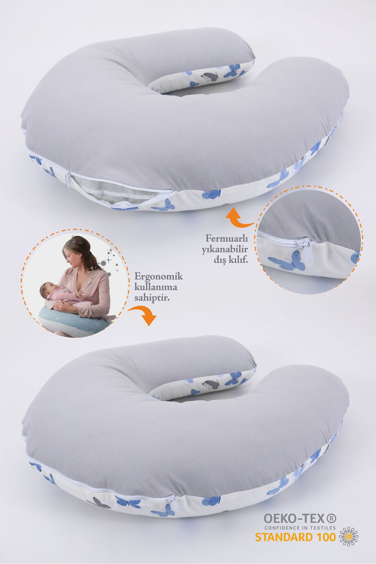 Umaybebek Emzirme Yastığı Minderi, Pamuk Kumaş - Mavi Kelebek fotoğrafı 2 (önizleme)