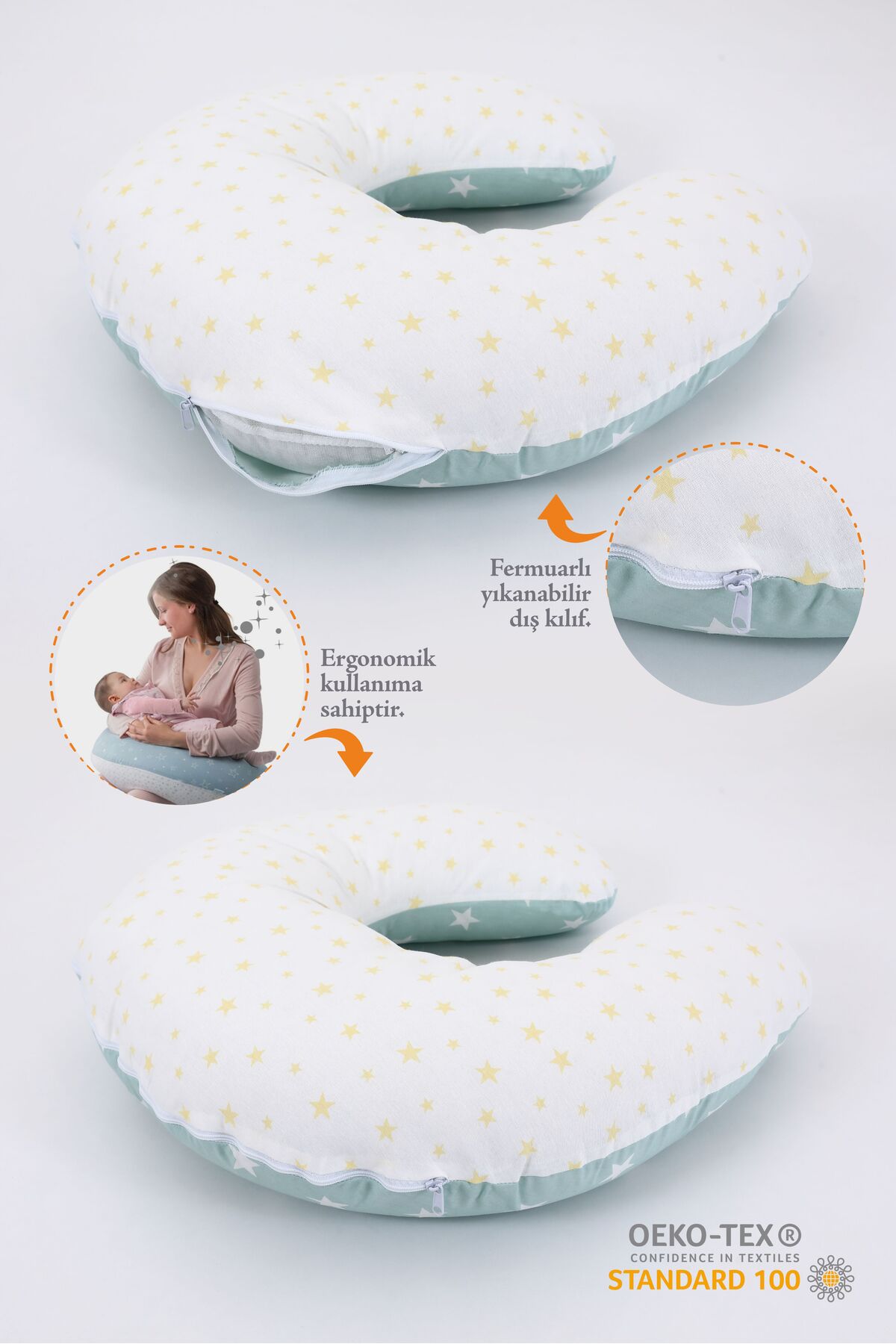 Fisun Baby Çift Taraflı Emzirme Yastığı Bebek Destek Minderi Hamile Yastığı %100 Pamuk - Bebek Yeşili Sarı fotoğrafı 2 (önizleme)
