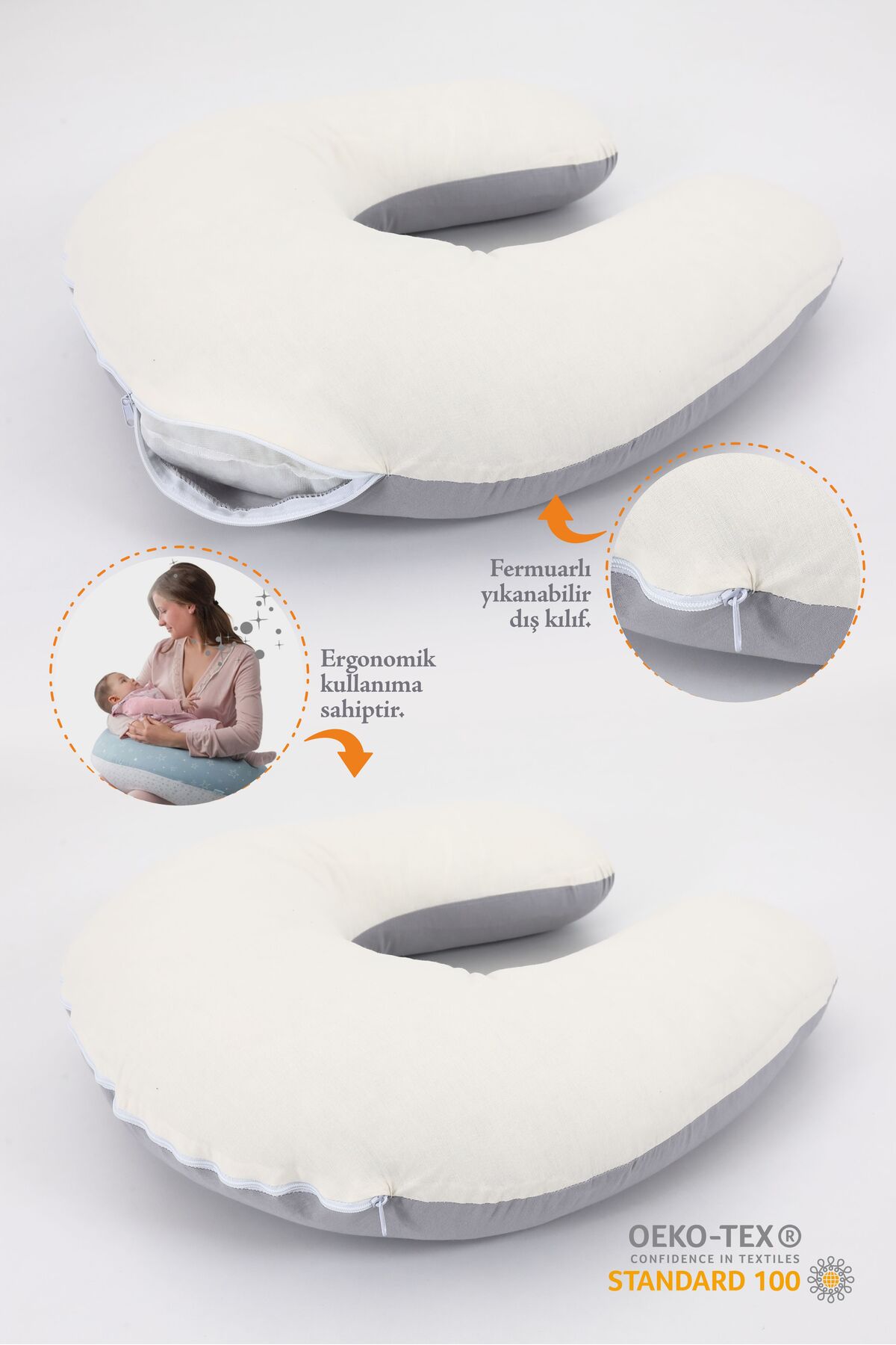 Umaybebek Emzirme Yastığı Minderi, Pamuk Kumaş - Gri Krem fotoğrafı 2 (önizleme)