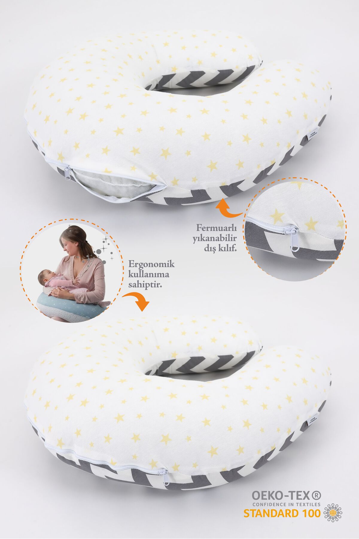 Umaybebek Emzirme Yastığı Minderi, Pamuk Kumaş - Gri Zikzak fotoğrafı 2 (önizleme)