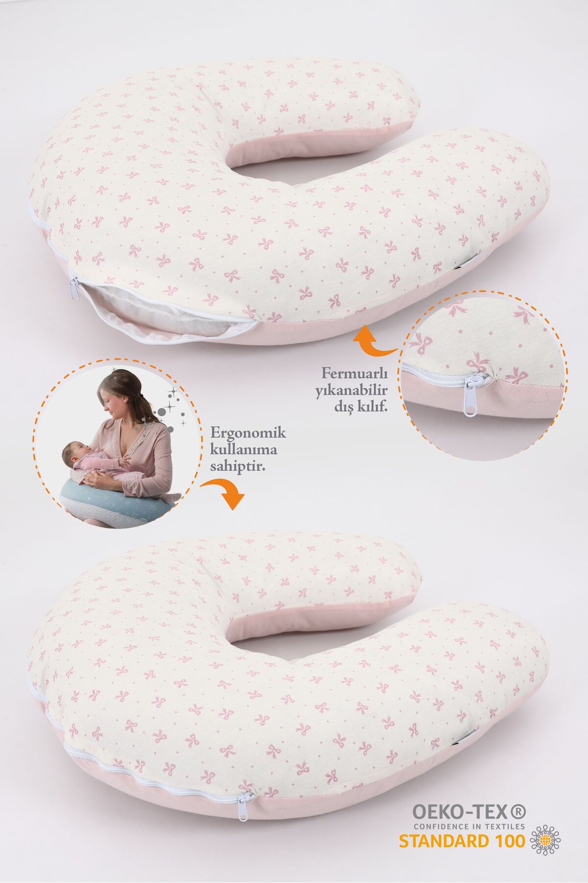 Fisun Baby Çift Taraflı Emzirme Yastığı Bebek Destek Minderi Hamile Yastığı %100 Pamuk - Pudra Fiyonk fotoğrafı 2 (önizleme)