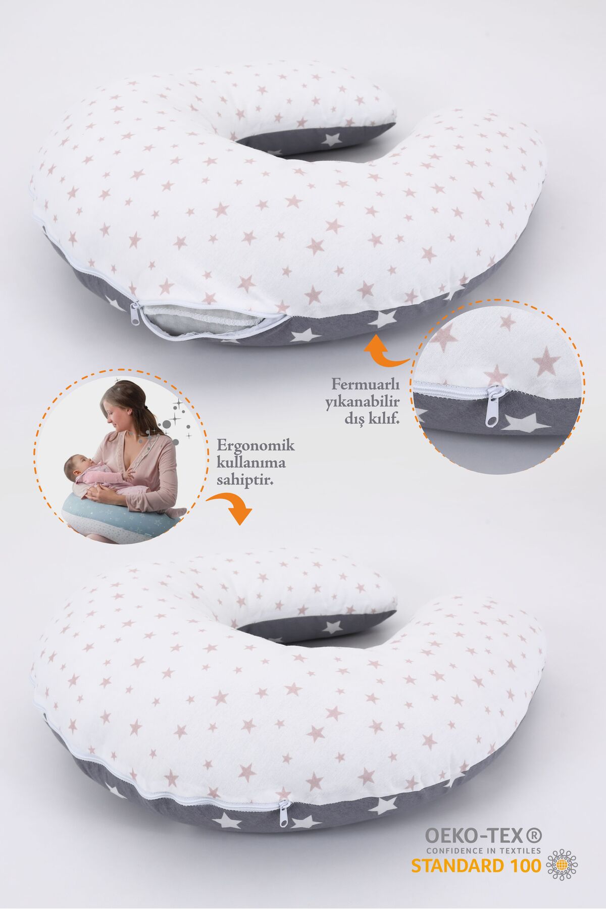 Umaybebek Emzirme Yastığı, Emzirme Önlüğü Set - %100 Pamuk - Koyu Gri / Pudra fotoğrafı 3 (önizleme)