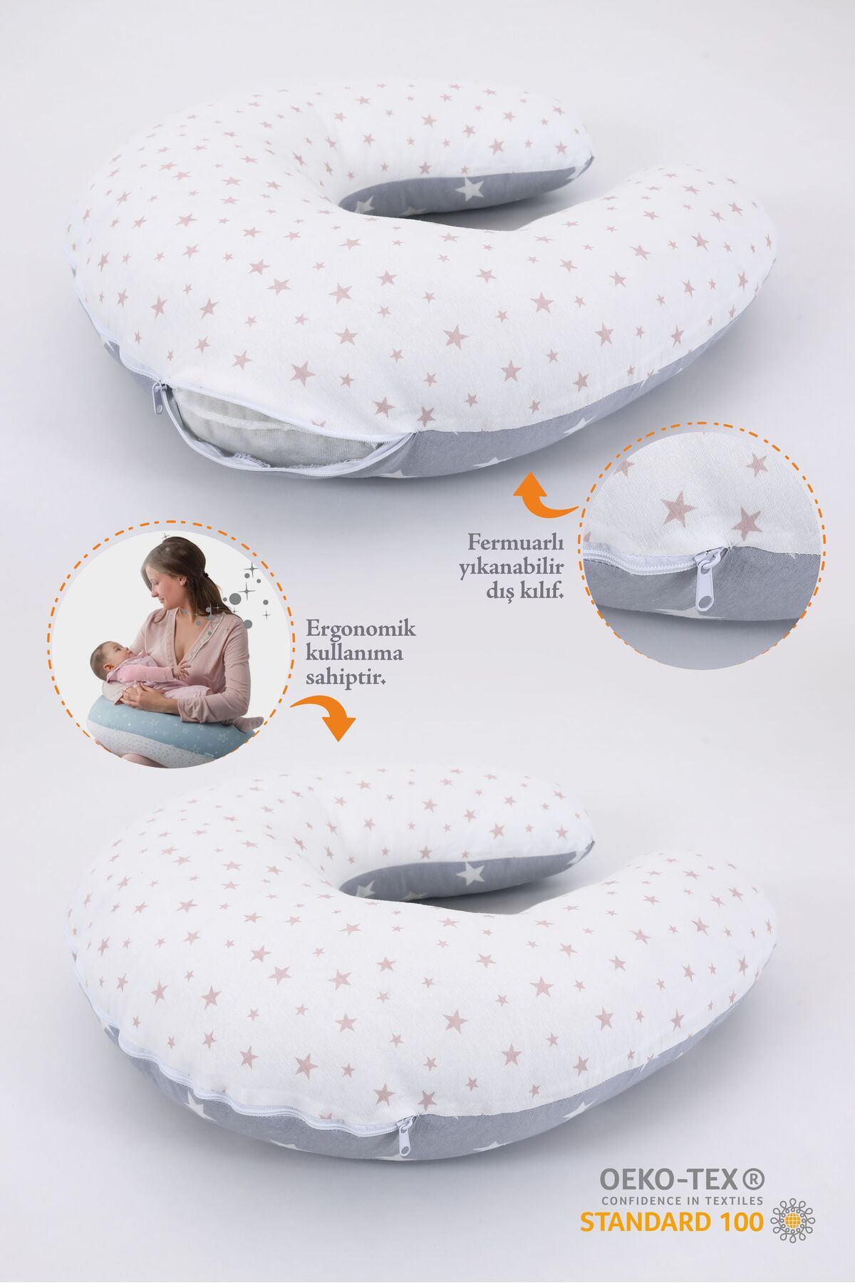 Umaybebek Emzirme Yastığı, Emzirme Önlüğü Set - Pamuklu Kumaş - Açık Gri Bebepembe fotoğrafı 3 (önizleme)