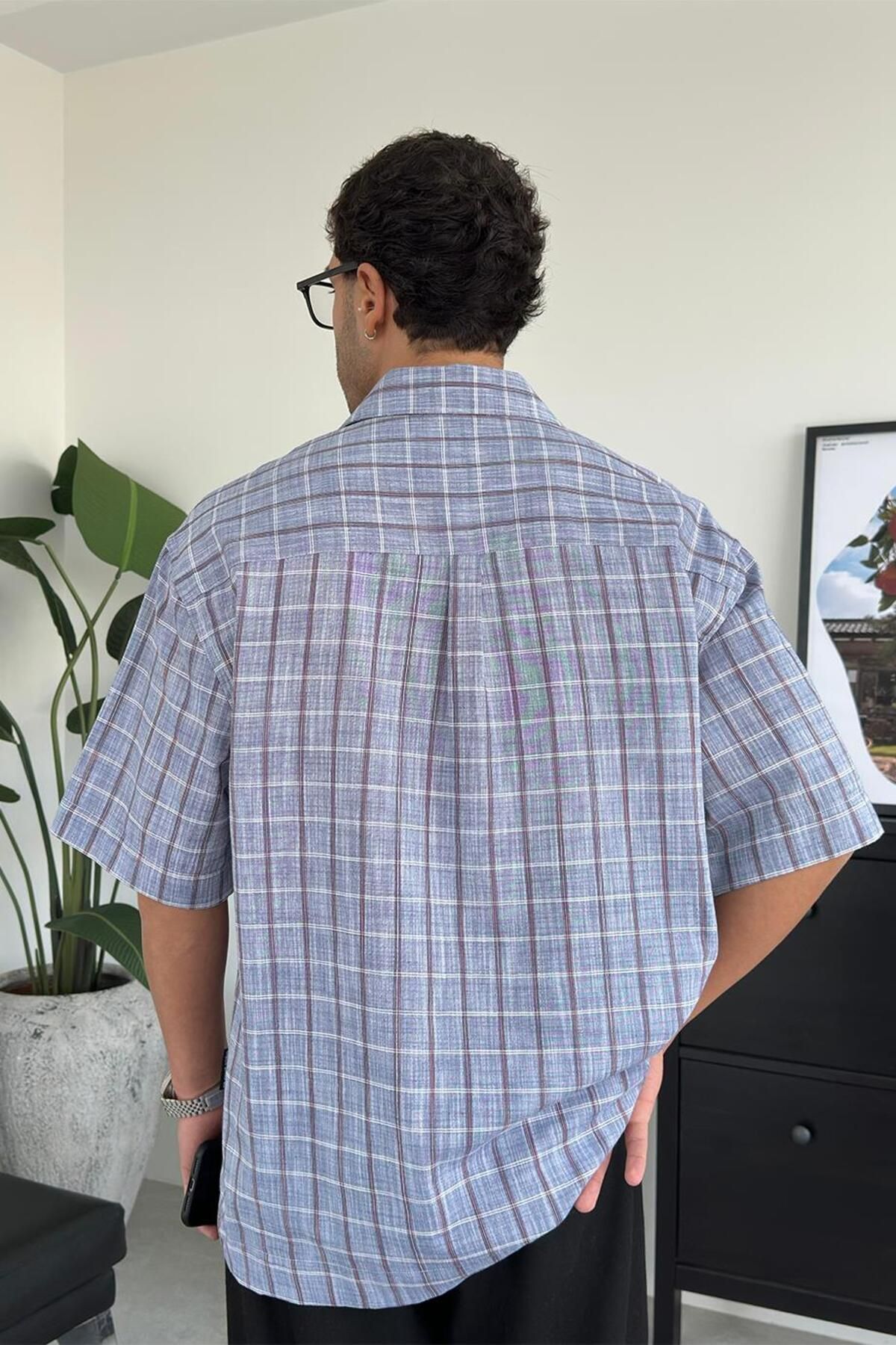 HAFKAGİYİM-Blue Old School Smpl Printed Short Sleeve Shirt 6