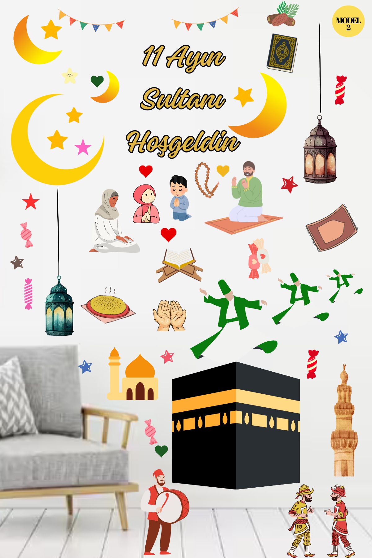 Dekals 50x70 Ramazan Etiketleri (Hurma, pide, davul, rahle, kuran, Semazen vs.) Hoşgeldin Ramazan Sticker