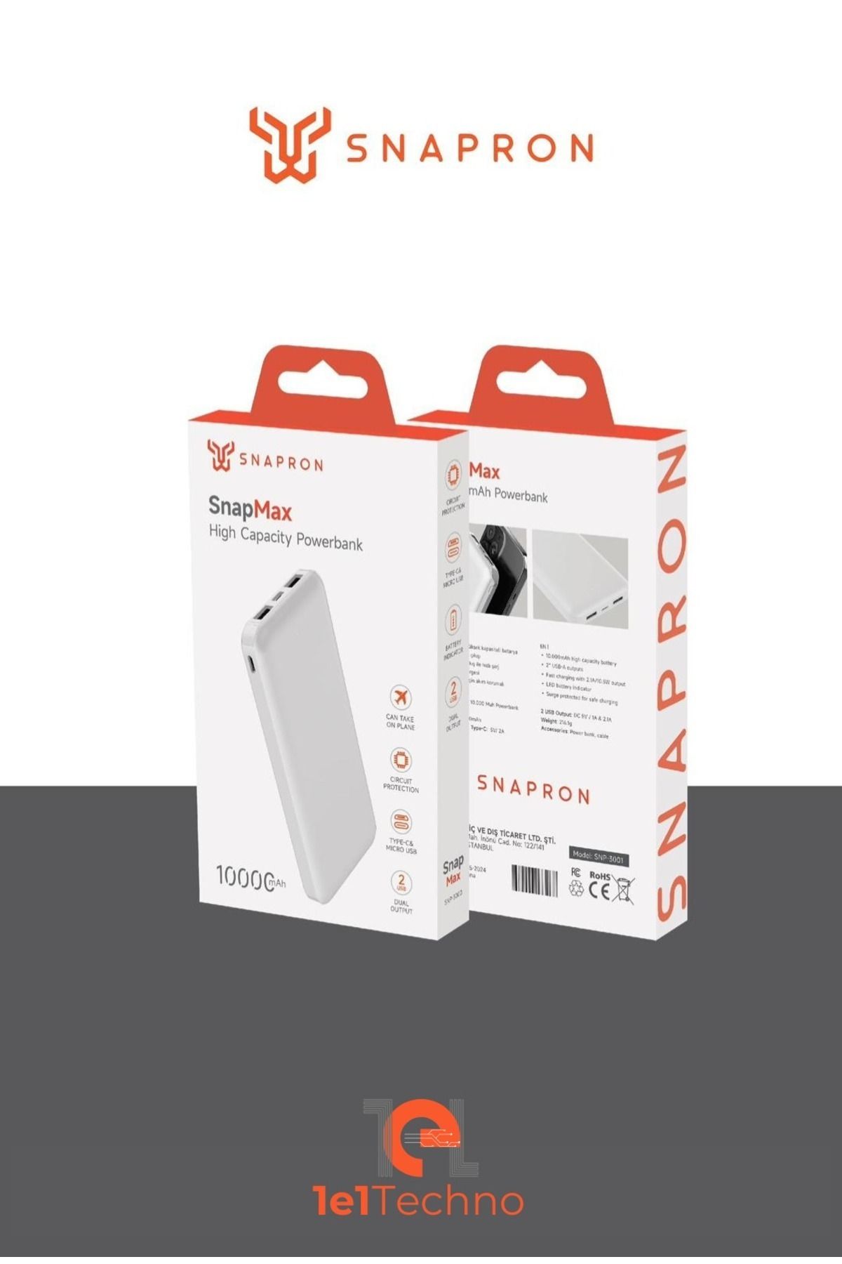 SNAPRON Snp 3000 Beyaz Powerbank 10.000 Mah. Hızlı Şarj. Usb Dahil