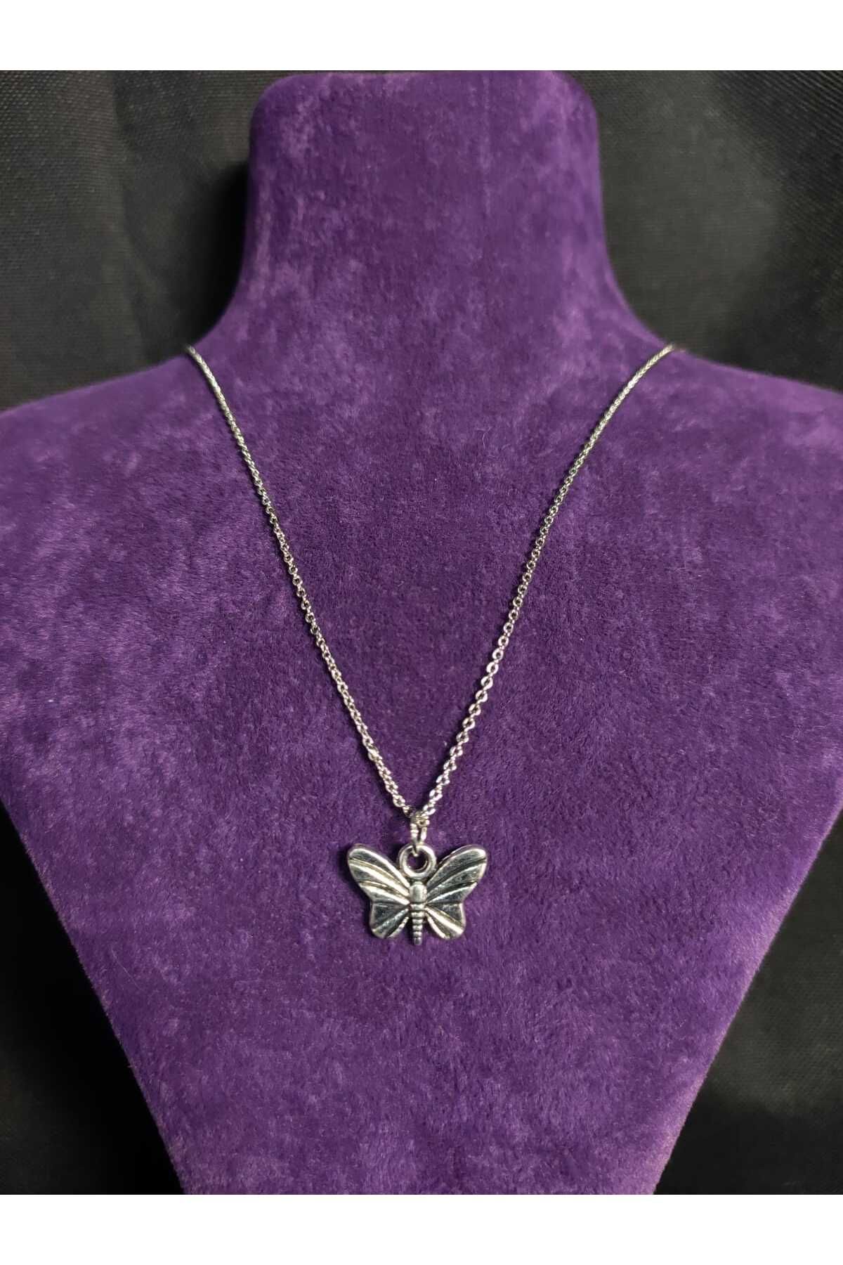 sarıyer silver-Minimal Steel Necklace with Butterfly Figure Without Stone 3