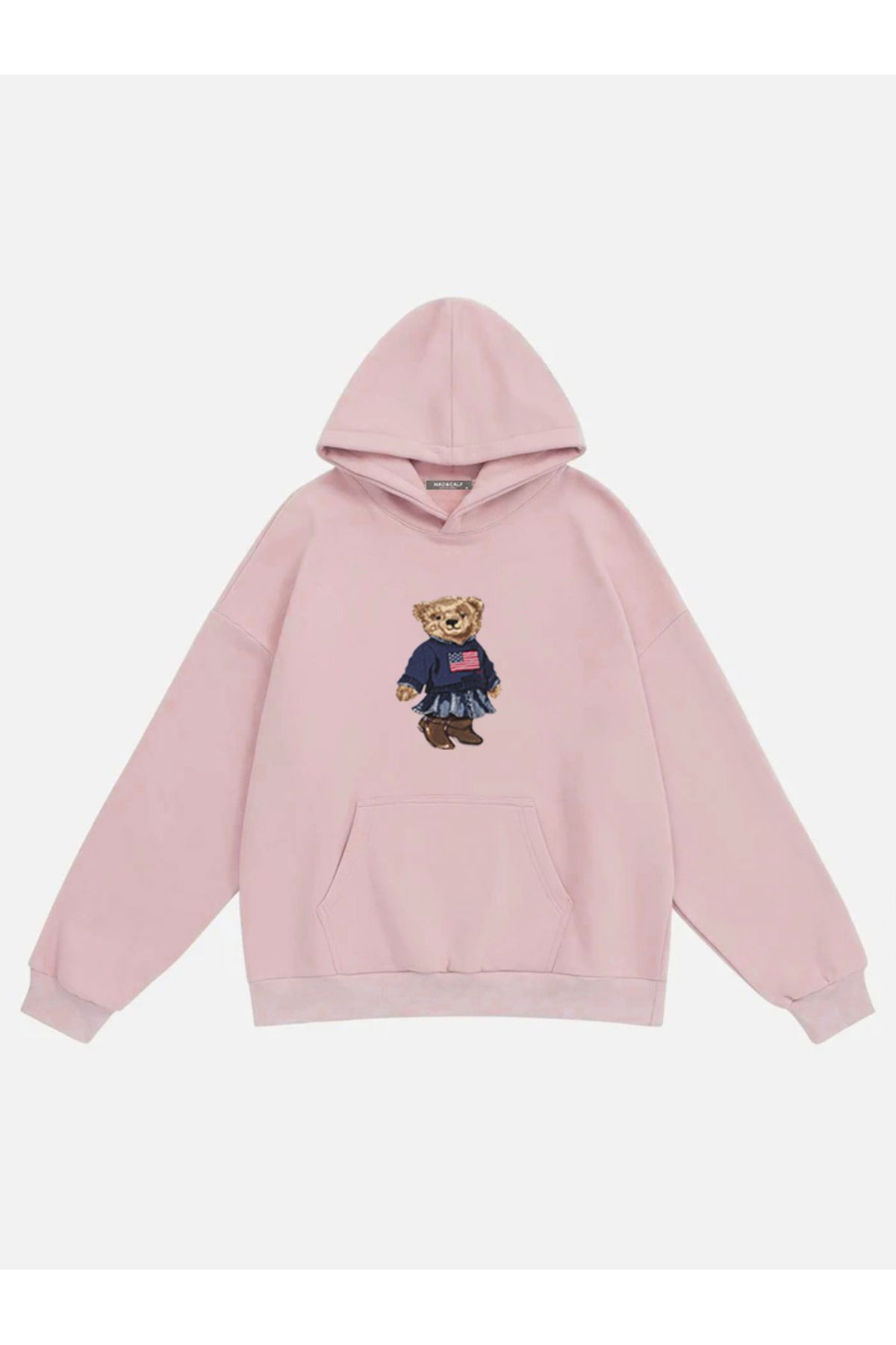 Mad&Calf Kadın Teddy Girl Baskılı Kapüşonlu Polarlı Oversize Sweatshirt