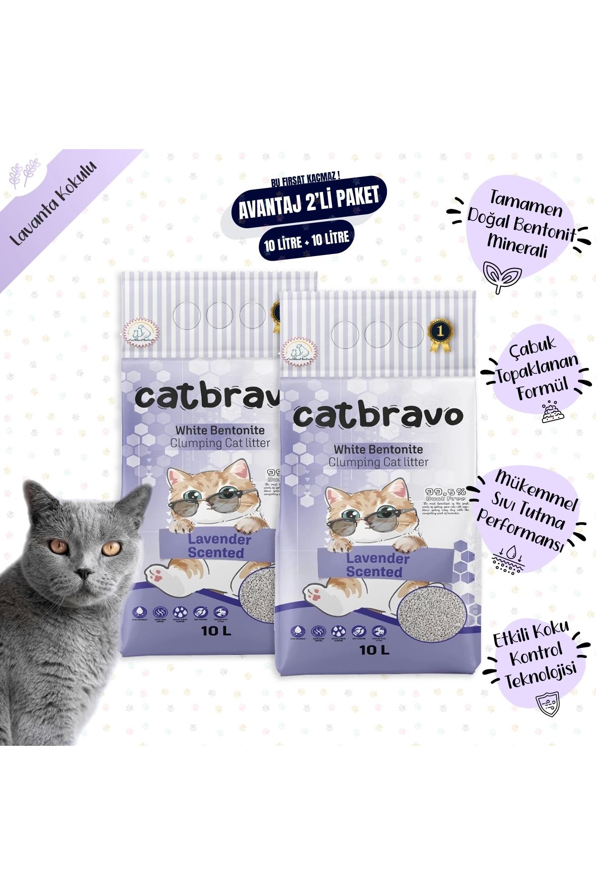 Catbravo Aktif Topaklanan Lavanta Kokulu Kedi Kumu 10 Lt X 2 Adet