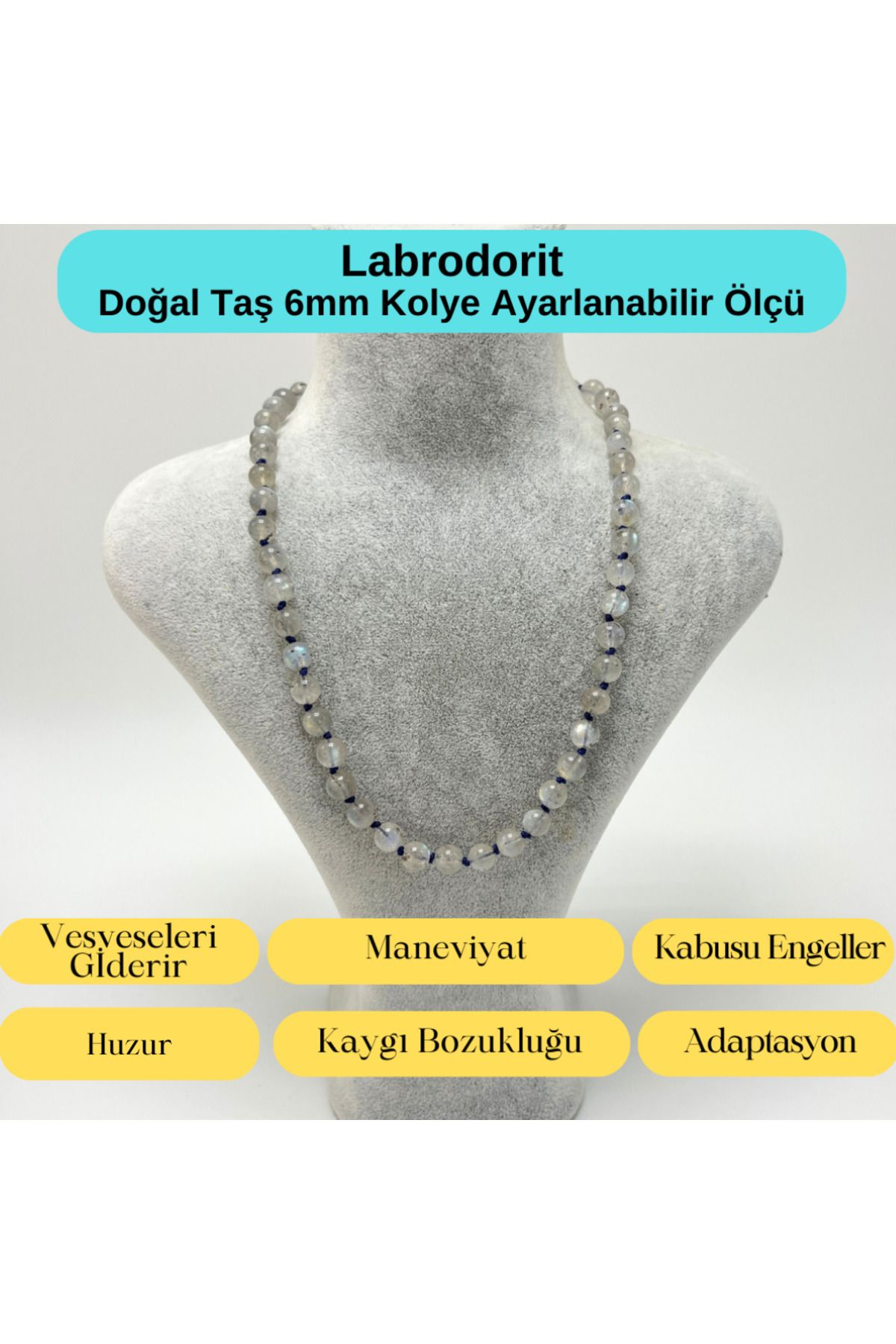 YILDIZ DOĞAL TAŞ SERTİFİKALI Labrodorit Doğal Taş 6mm Makrome Kolye 45cm- 55cm Ayarlanabilir Ölçü