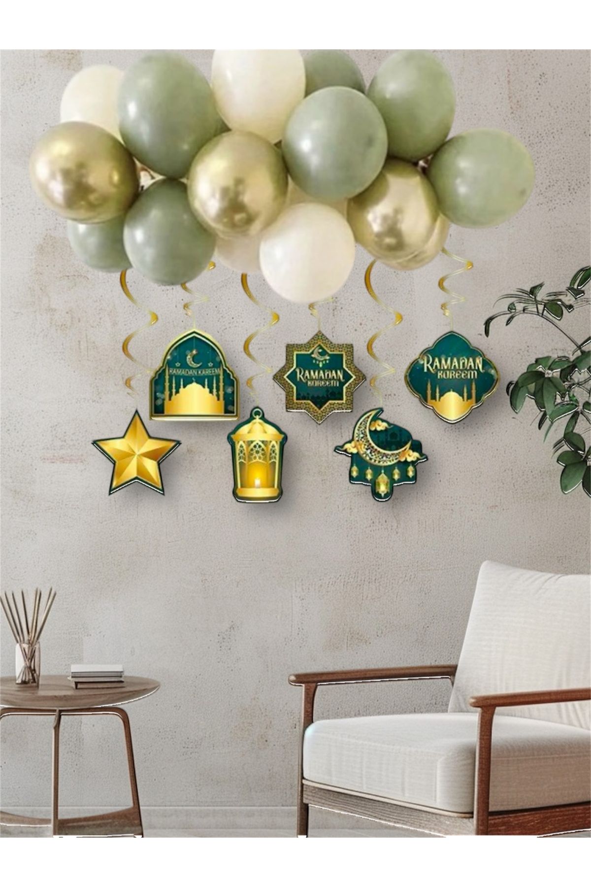 Deniz Party Store Ramadan Kareem 6 Lı Tavan Sarkıt Süs Mini Zincir Balon Set Ramazan Oda Süsleme