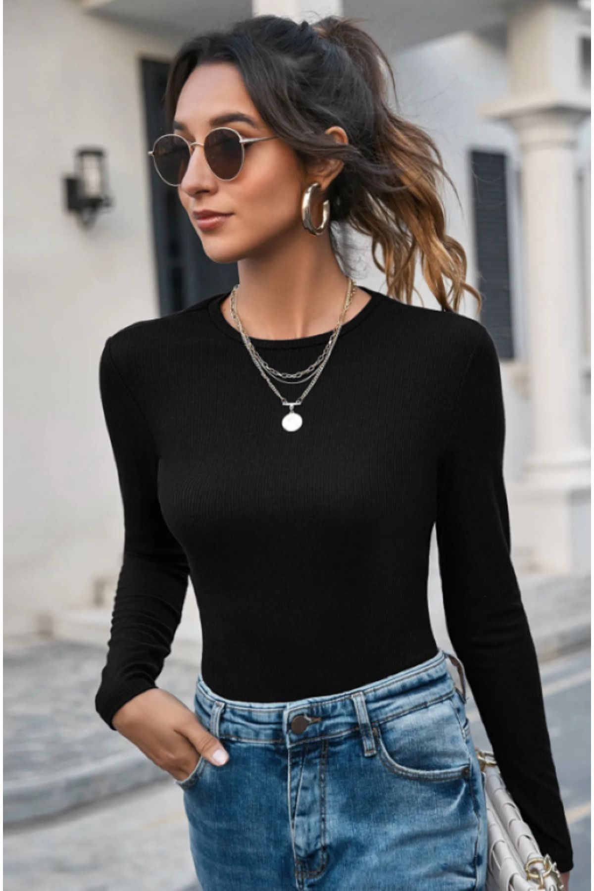 PRAG Kadın Uzun Kollu Şık Fit Basic Crop Bluz