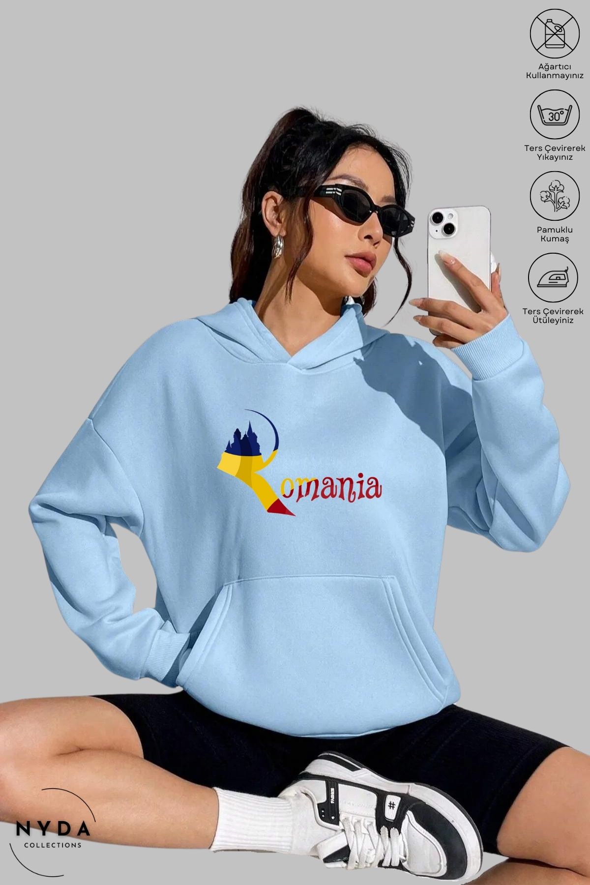 Nyda Collections Unisex Hoodie Uzun Kollu Romania Baskılı Kapüşonlu Şardonlu Oversize Pamuk Sweatshirt