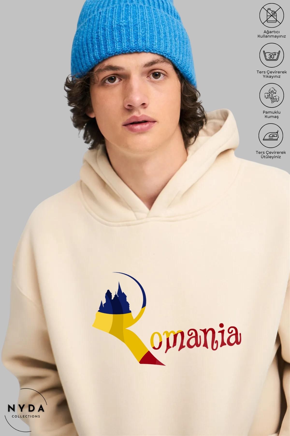 Nyda Collections Unisex Hoodie Uzun Kollu Romania Baskılı Kapüşonlu Şardonlu Oversize Pamuk Sweatshirt