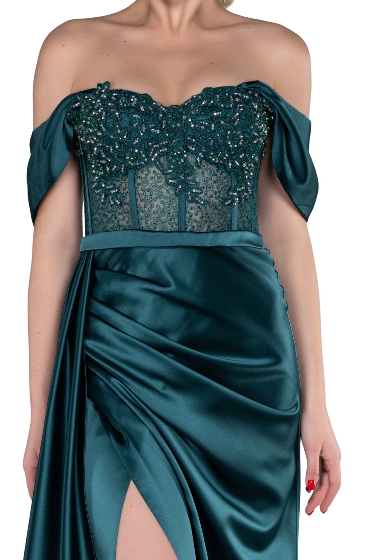 Arden-Emerald Satin Long Evening Dress with Madonna Neckline and Slit, Wedding/Engagement/Homecoming Dress, 38-44 2