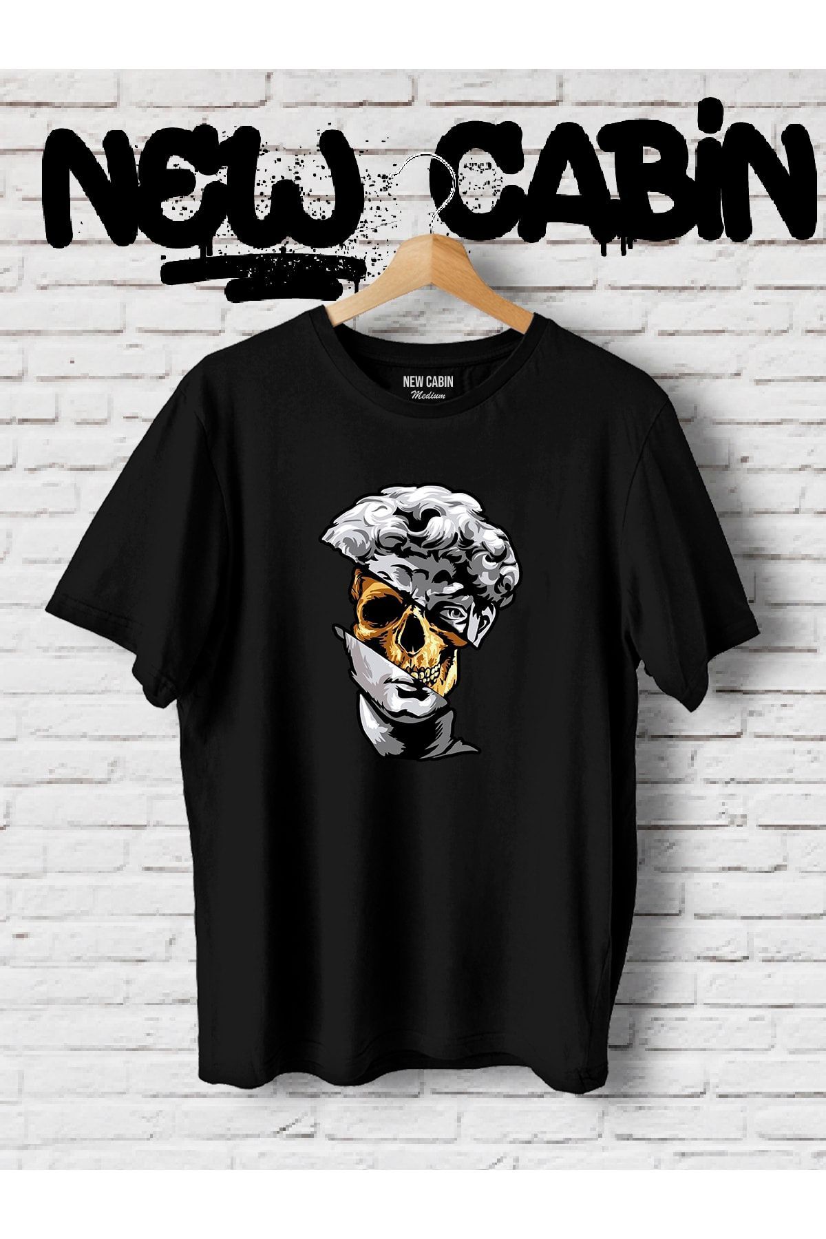 YOHO SPORT Yeni Sezon Unisex Skull Heykel Ön Baskılı Siyah Oversize Tişört