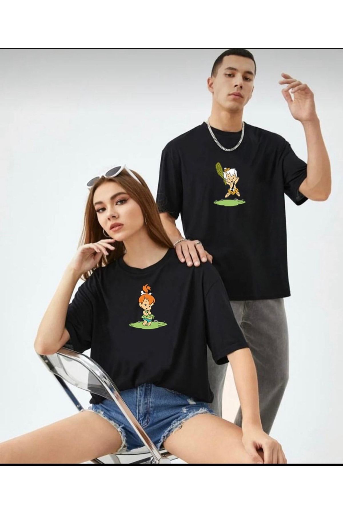 YOHO SPORT Yeni Sezon Oversize Geniş Kalıp Unisex Bambam-çakıl Siyah Sevgili Kombini Yazlık T-shirt