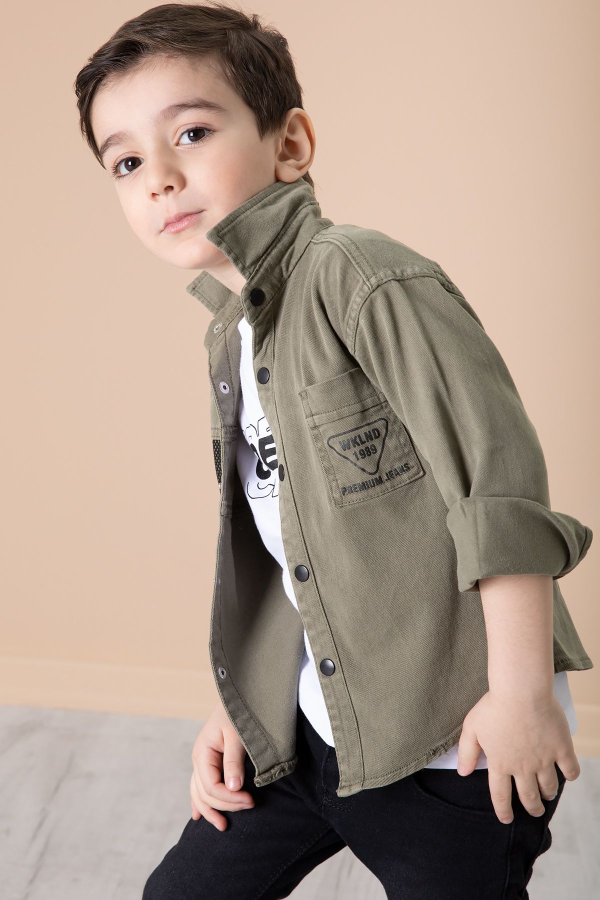 Cansın Mini-Khaki Boy's Crew Shirt Set - Writing T-Shirt and Mesh Detail 20083 2