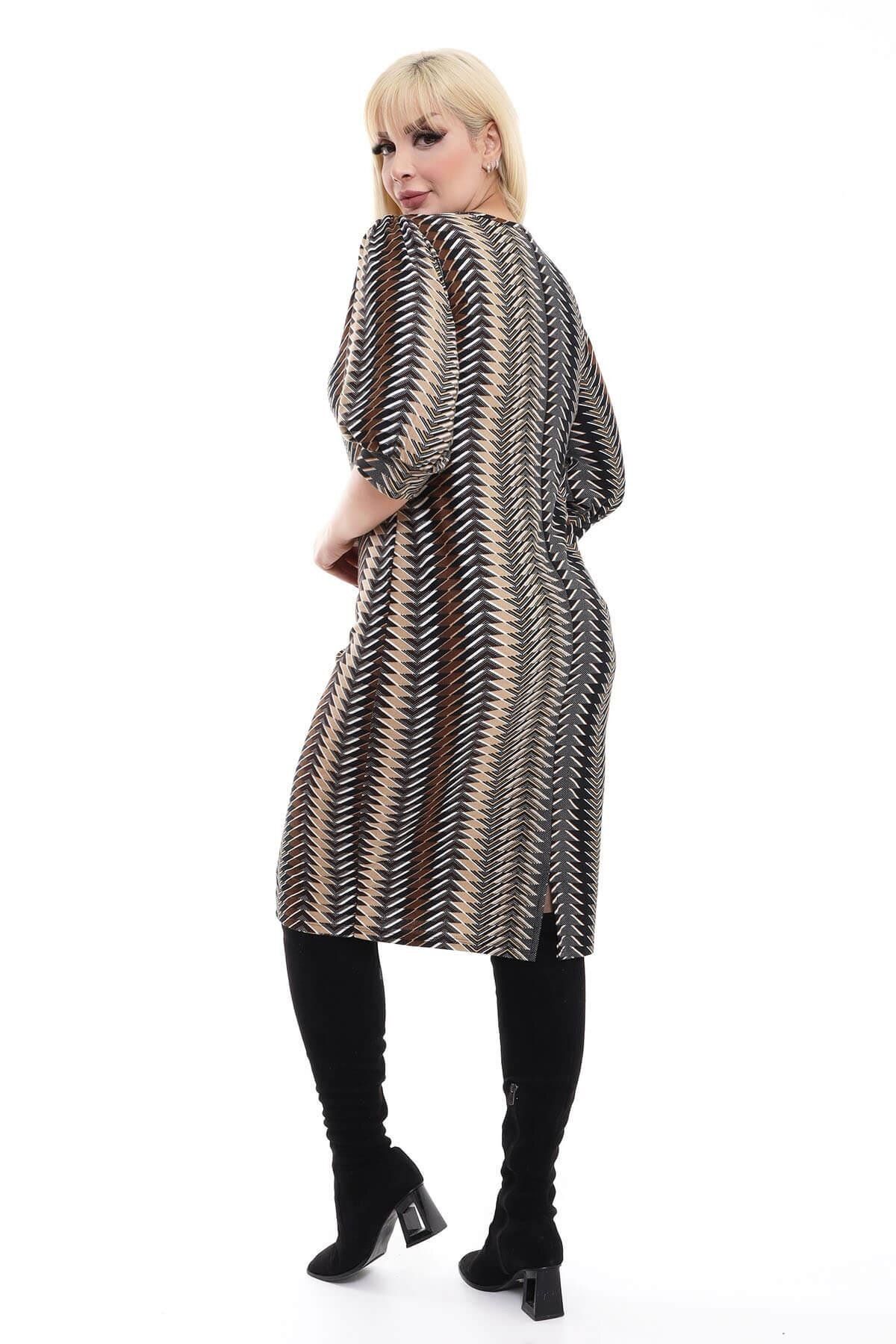 Mooi XXL-Rochie de damă, maro, bej, cu model etnic, guler căzut, mânecă cu balon, rochie supradimensionată din piele intoarsa elastica 6