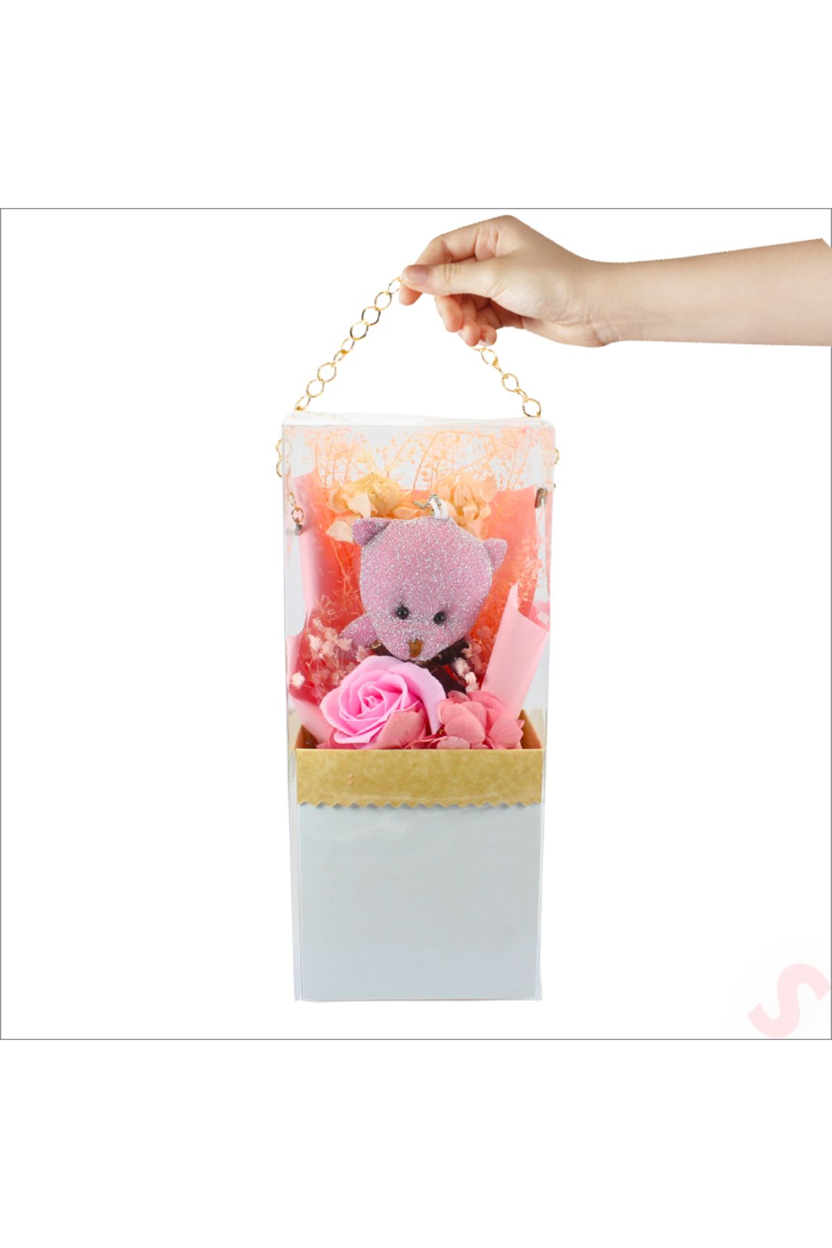 Süsle Baby Party PVC Kutulu,Pelüş Ayıcık ve Pembe Güllü Kuru Çiçek Buketi 26cmx11cm