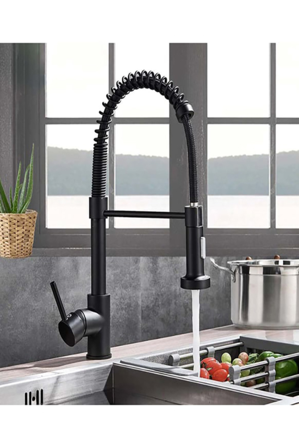 ALFAS Spiralli Mutfak Eviye Bataryası Siyah Buton Fonksiyonlu Püskürtme Yağmurlama