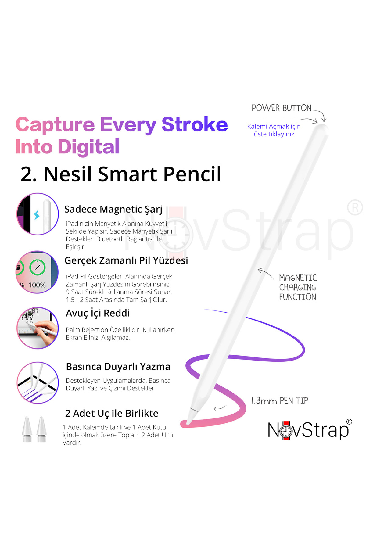 NovStrap Apple iPad Mini 6 ile Uyumlu Dokunmatik Tablet Kalemi 2