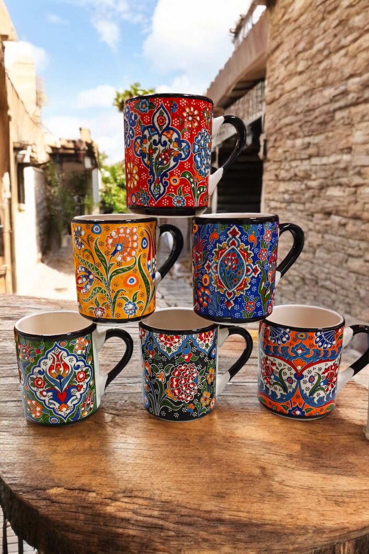 Salizera Çini Motifli 6' Lı Kupa Mug Bardak Takımı-Hand Made-Mug-Seramik Etnik  Kupa Seti