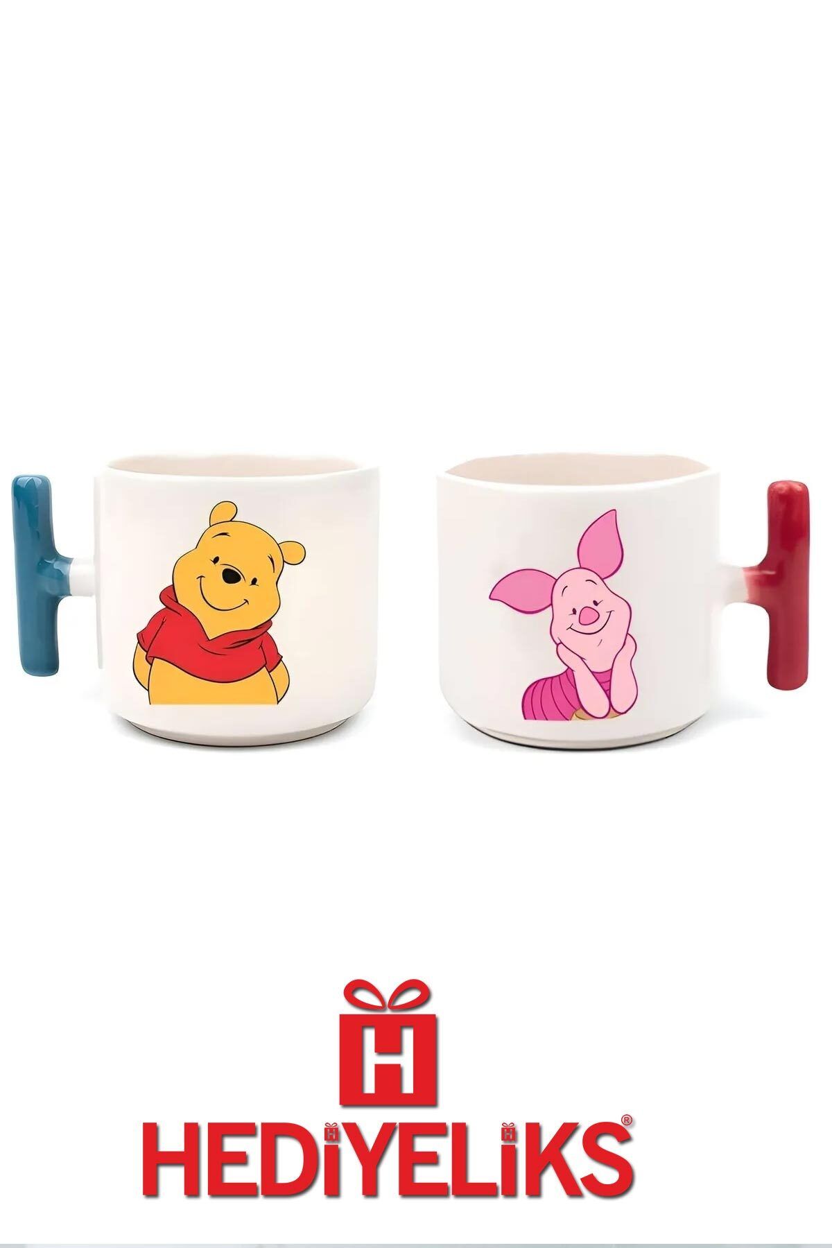 HEDİYELİKS Pooh & Piglet Baskılı Sevgili Çift Kupa Renkli T Kulplu